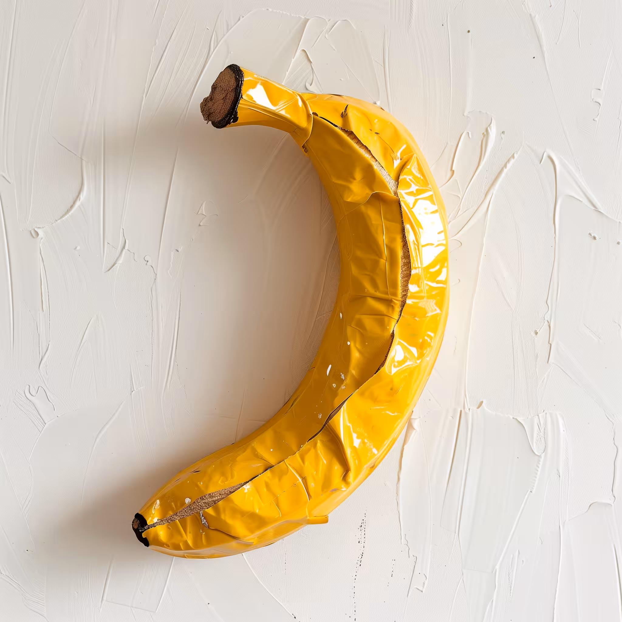 A banana made out of duct tape stuck to a white wall