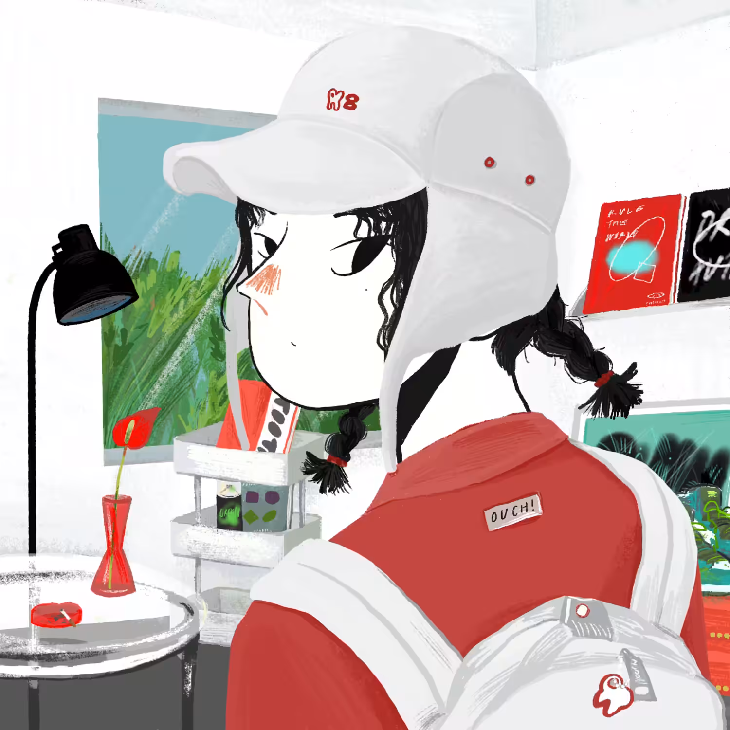 She is in the living room, Wearing her favorite flap cap - san