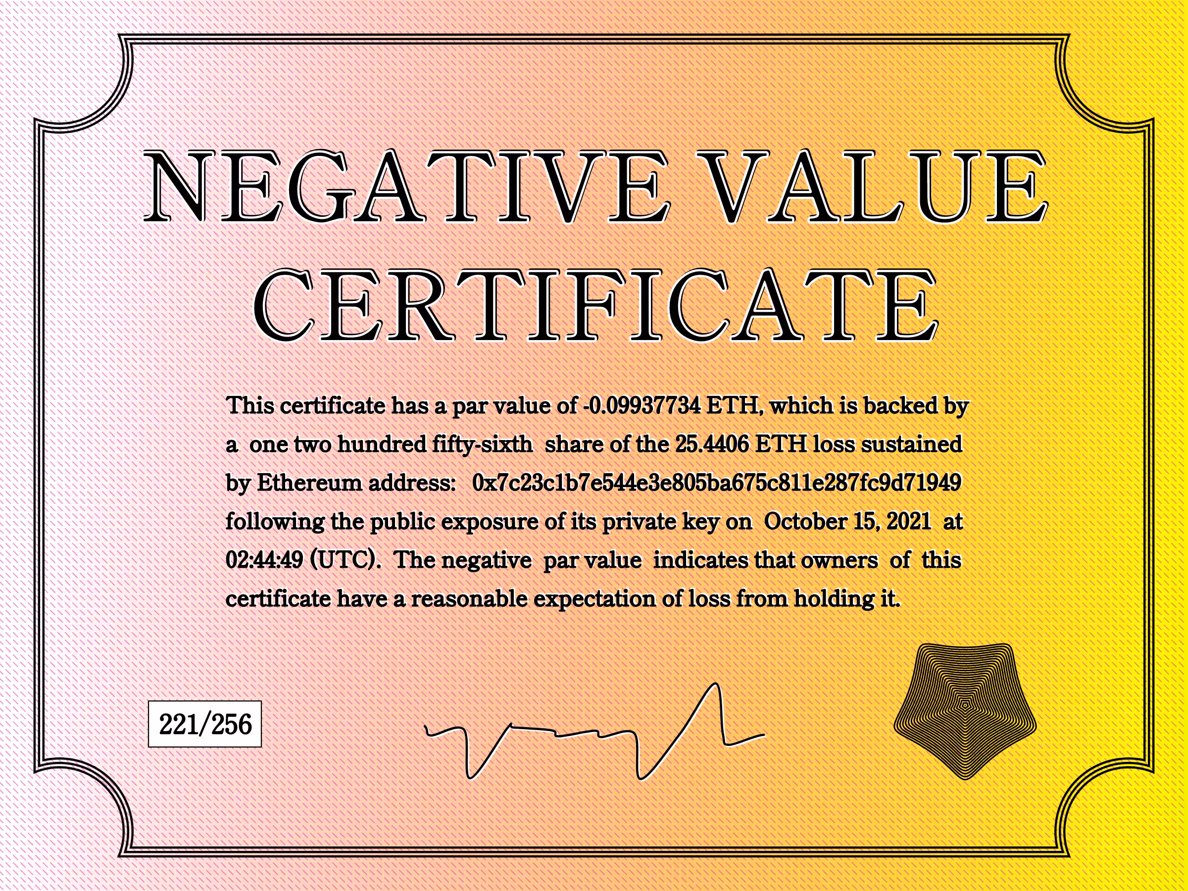 Negative Value Certificate #221 of 256