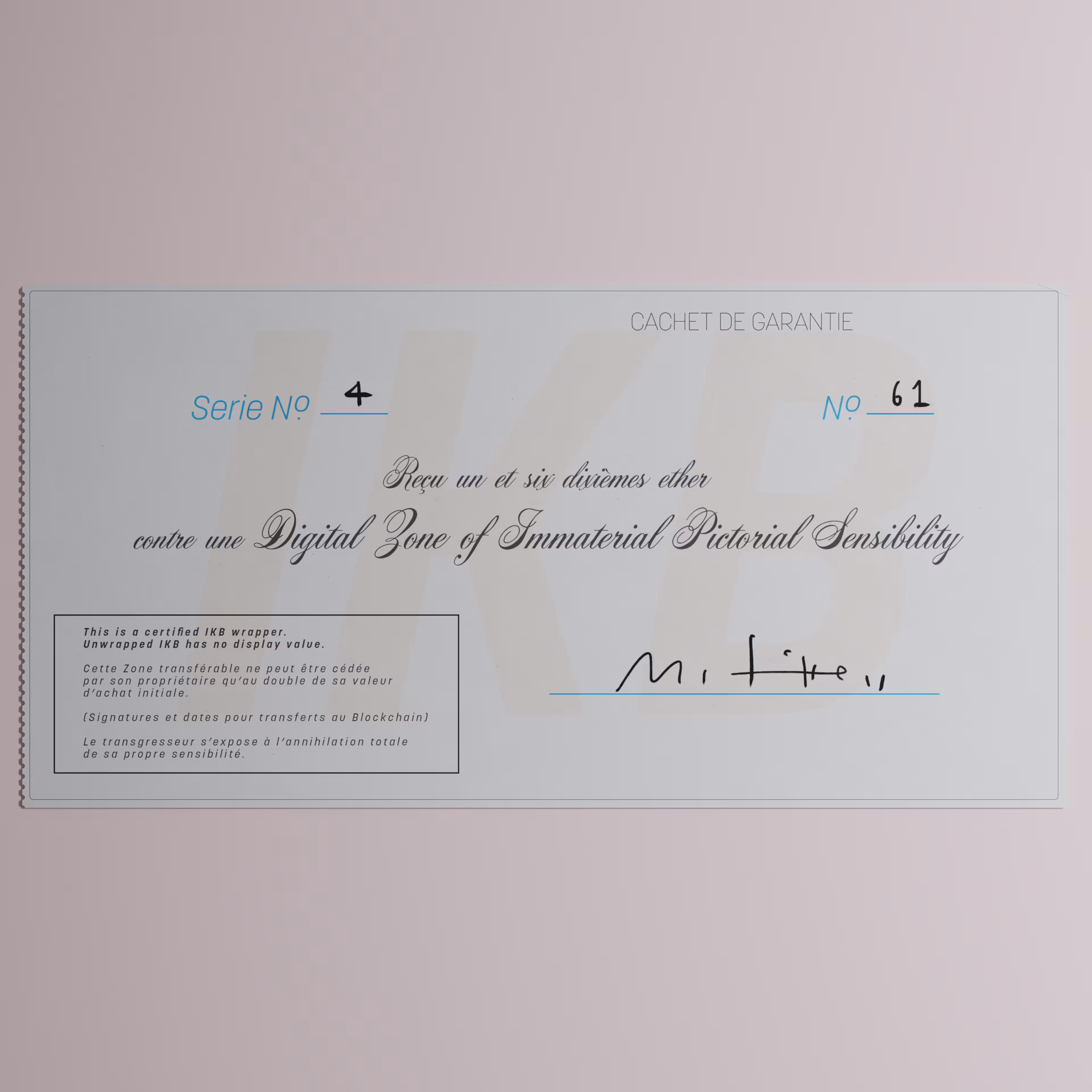 Digital Zone of Immaterial Pictorial Sensibility, Series 4, Edition 61. (Wrapped)