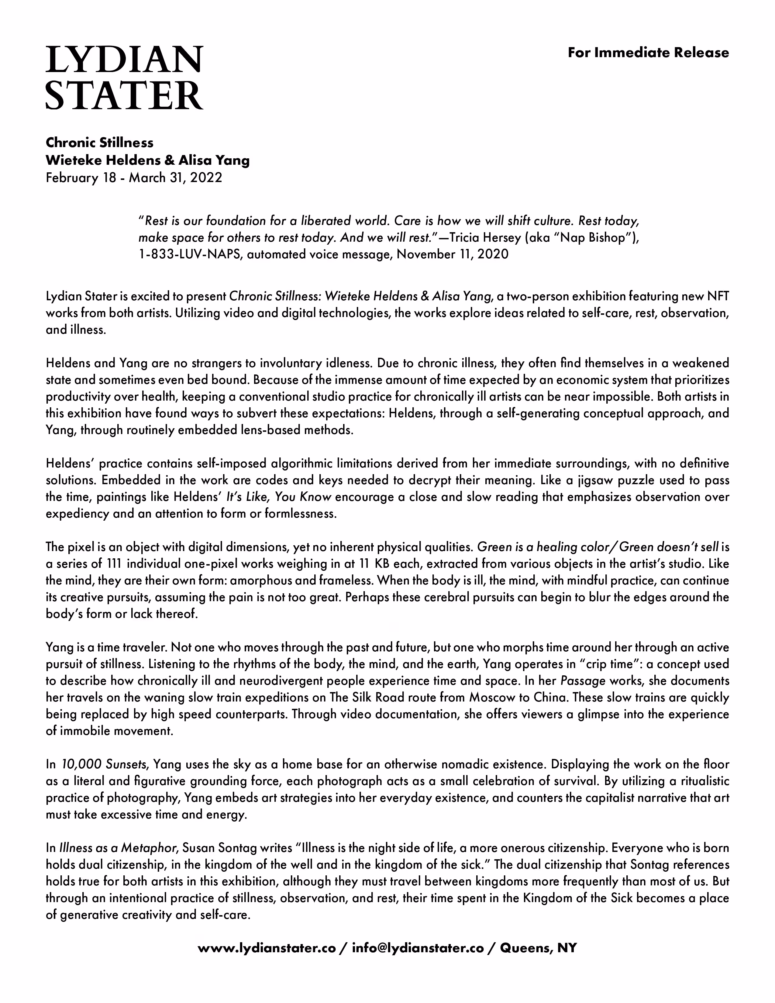 Chronic Stillness: Wieteke Heldens & Alisa Yang (Press Release)