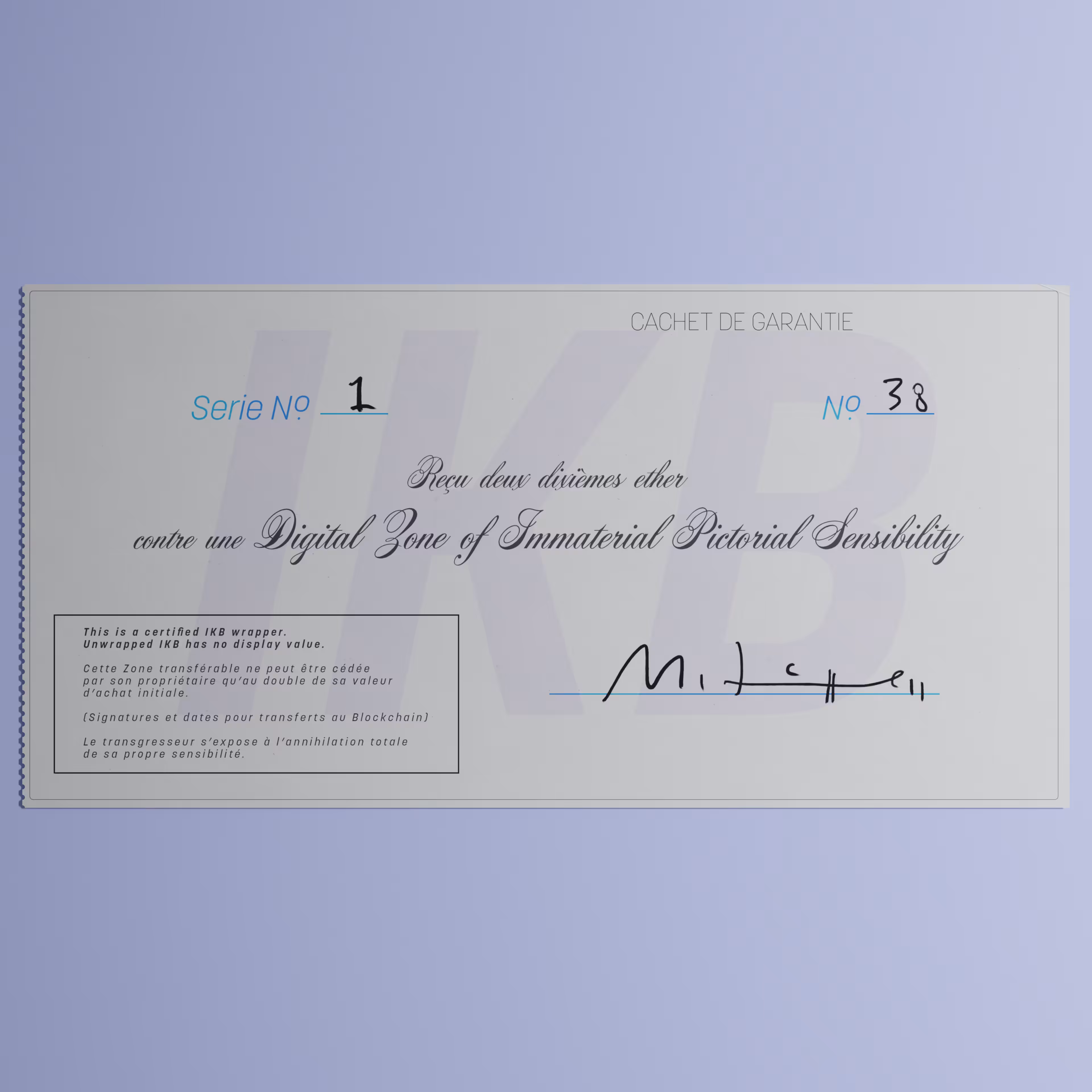 Digital Zone of Immaterial Pictorial Sensibility, Series 1, Edition 38. (Wrapped)