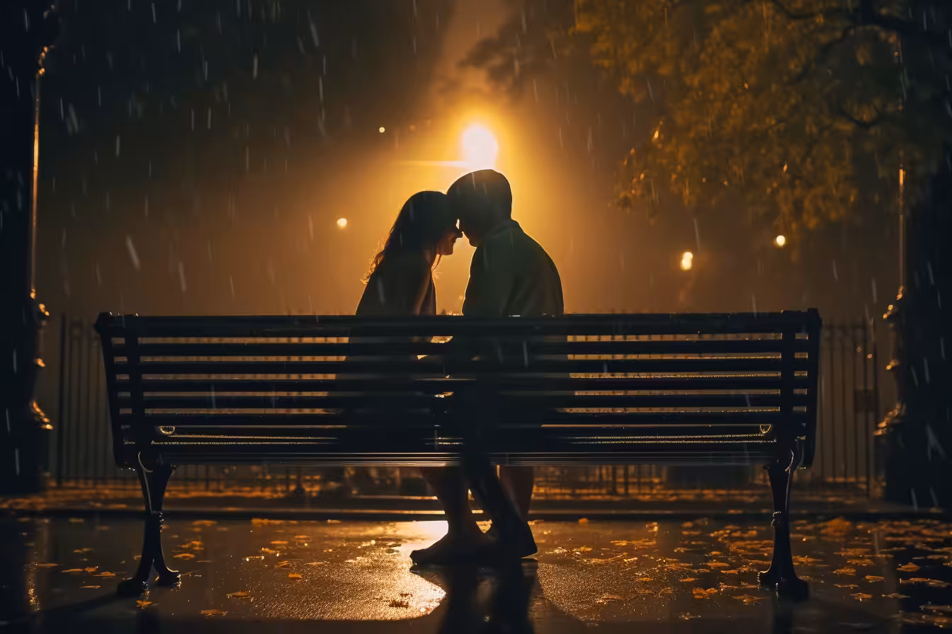 Love scene under the rain