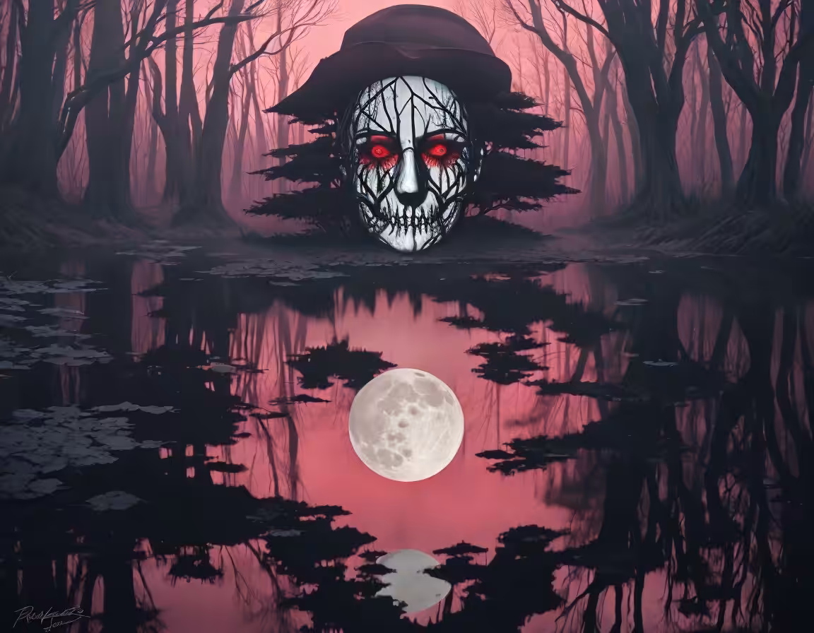 DigiWork: Eerie Forest Reflection Under Full Moon