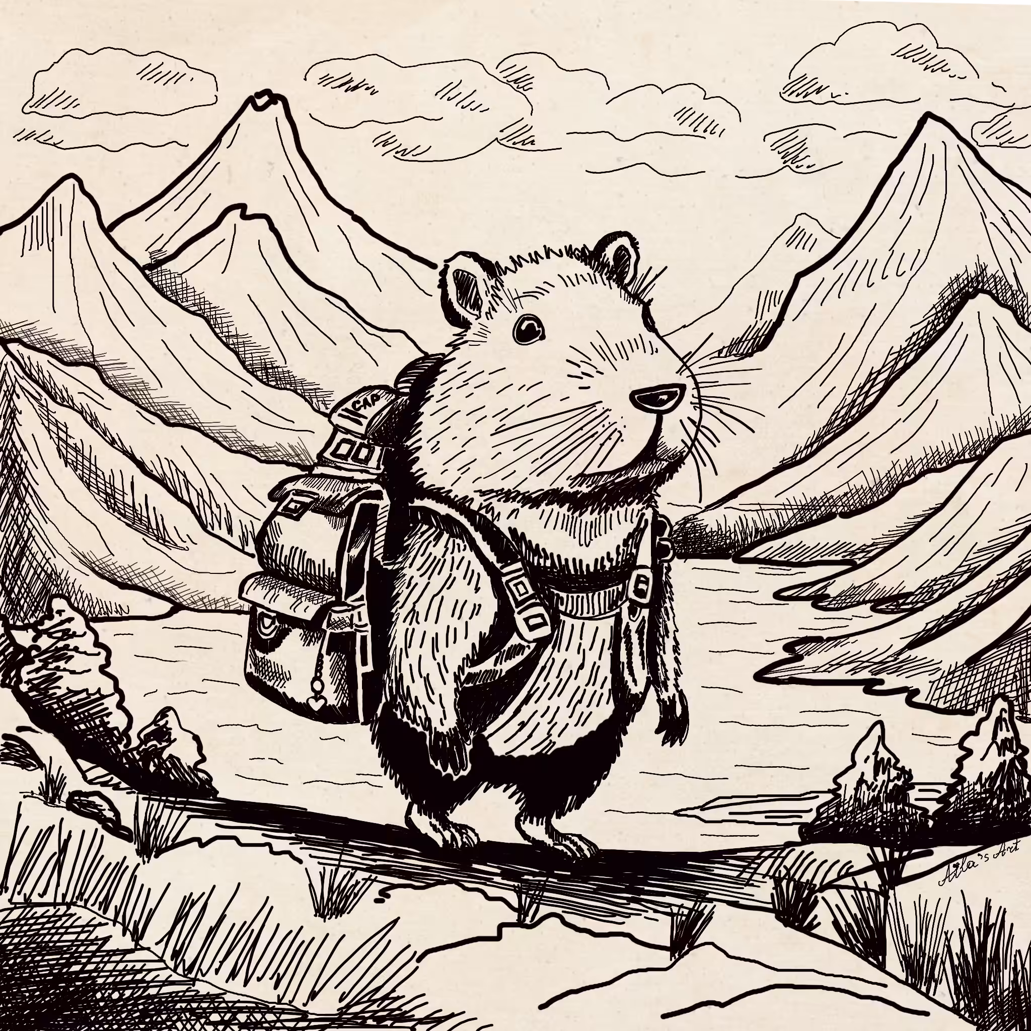 Capybara Cap with a backpack