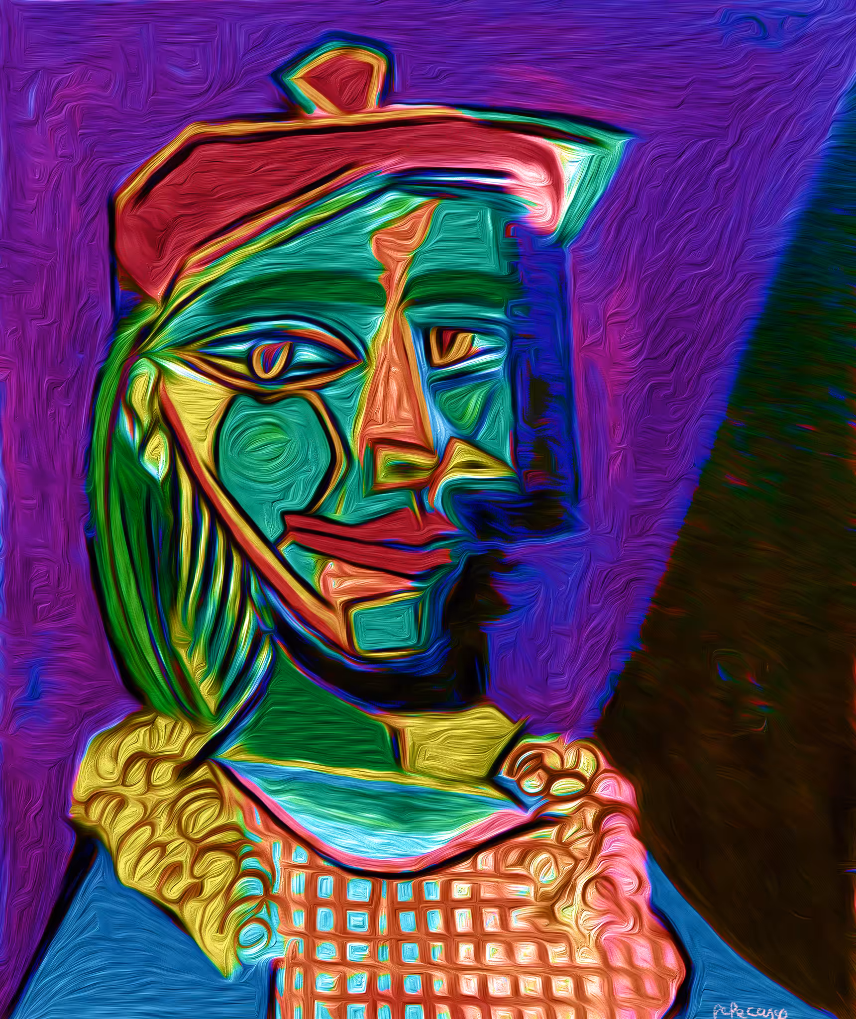 Femme au béret et à la robe quadrillée