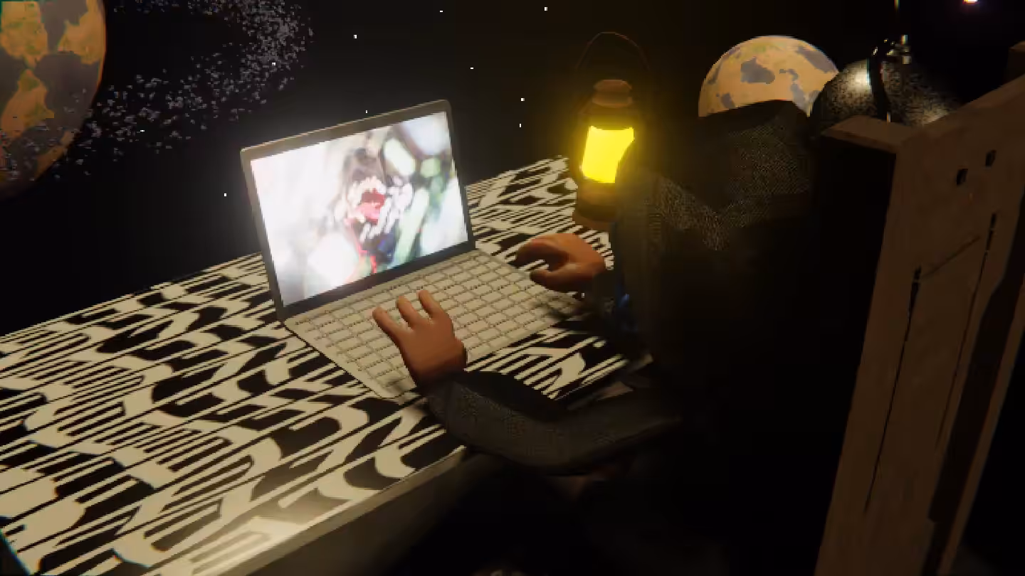 Desktop #110: The Hacker in the Electric Chair With a Gas Lamp and a Algo Lite Macbook on a Pattern Table in Space
