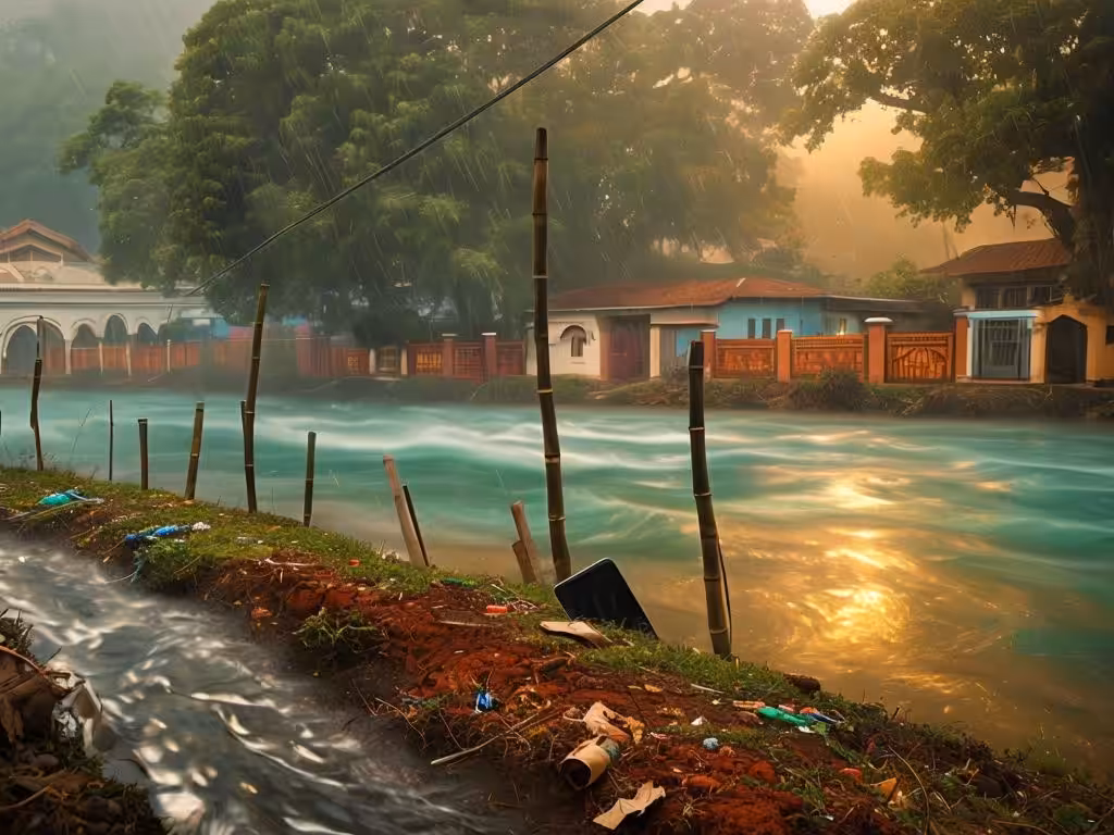 Serene Rainy Landscape With Vibrant Colors And Structures