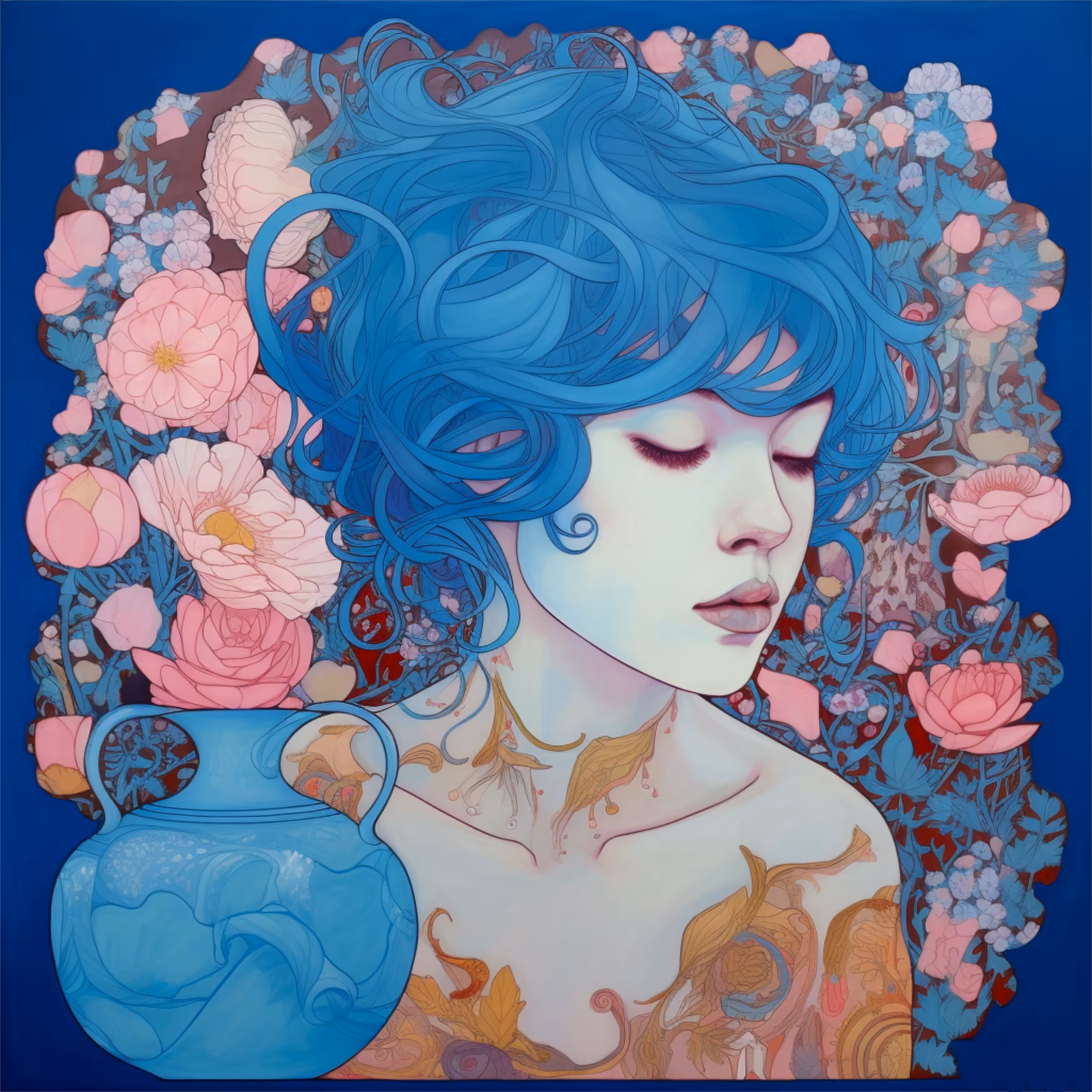 Blue hair. Blue vase