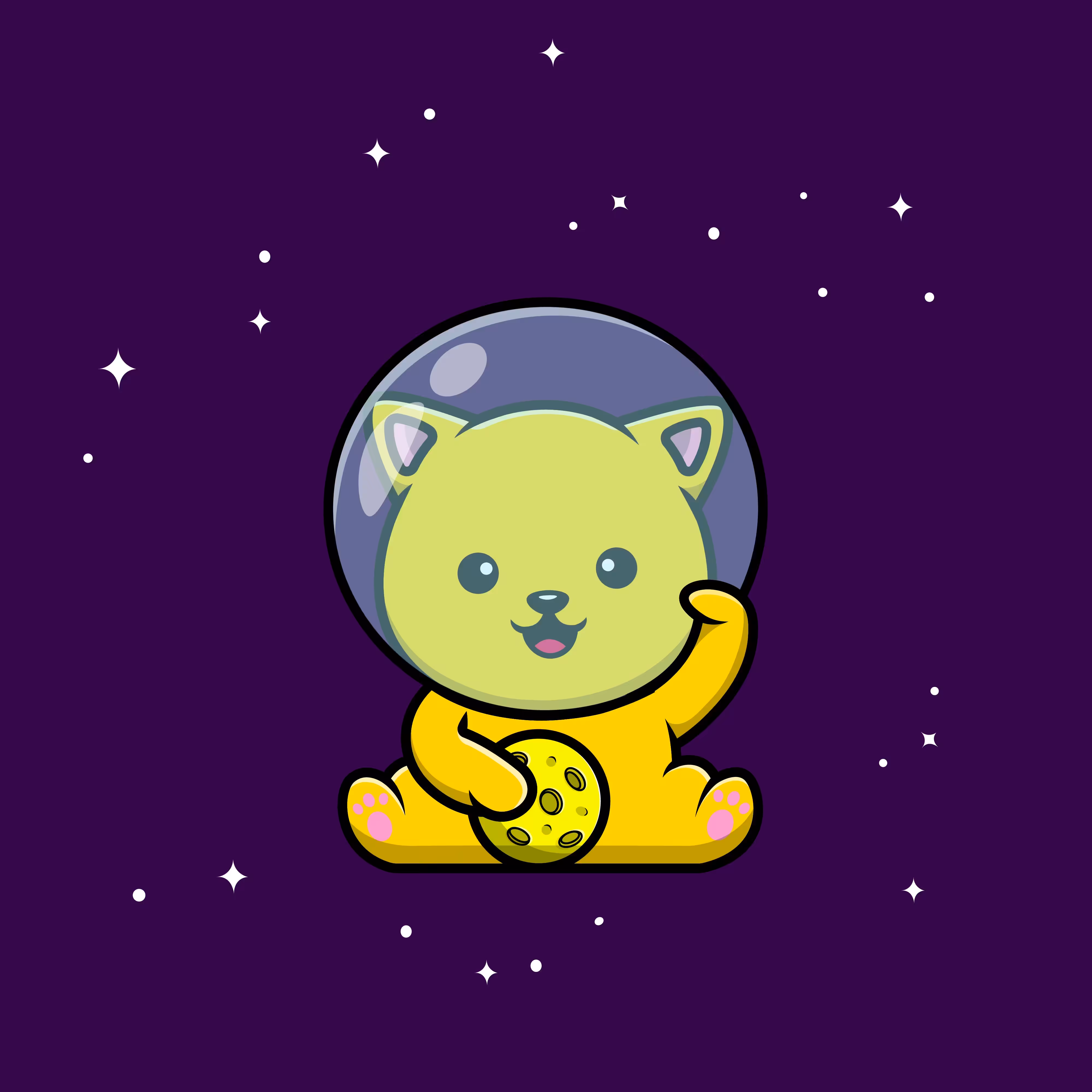 Cute Lucky Cat Holding Moon On Space