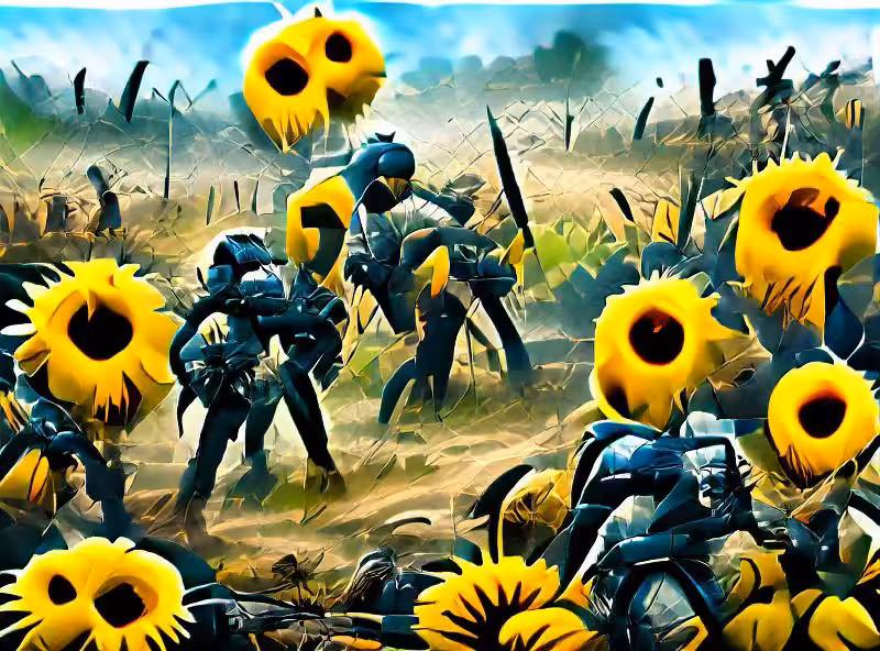 Abraham's First Works: sunflowers growing on a battlefield