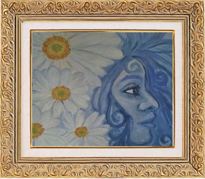Woman in blue with daisies
