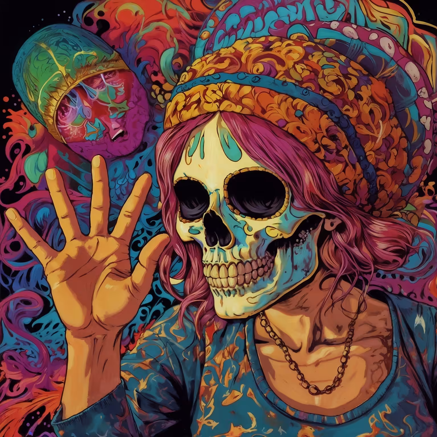 A psychedelic skull head