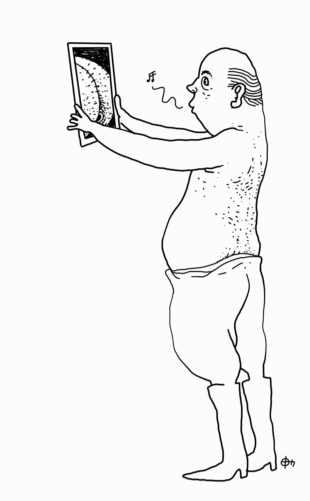 Man with fancy boots hangs a photo of his ass on the wall