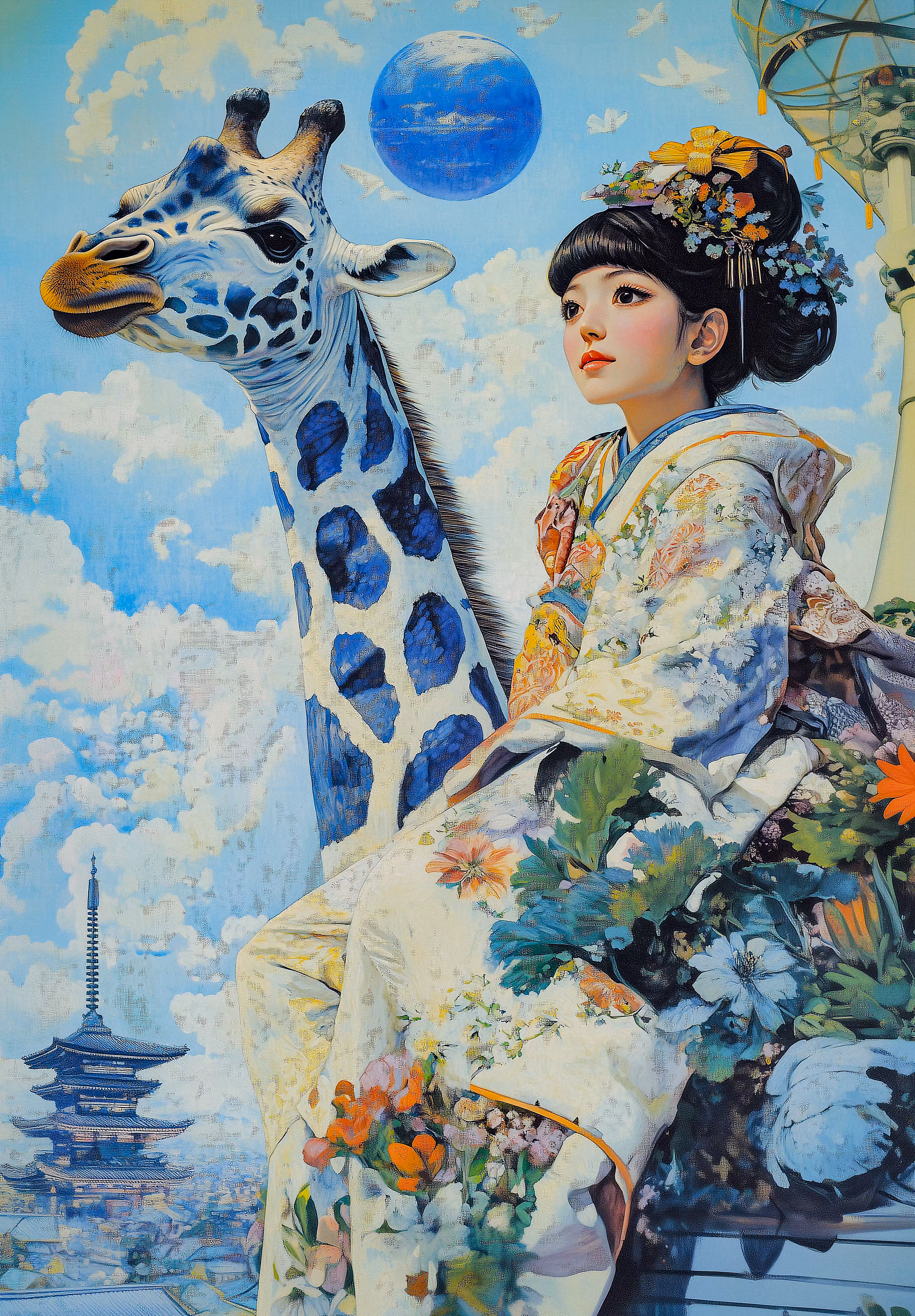 Kimono girl and her blue giraffe in futuristic Kyoto