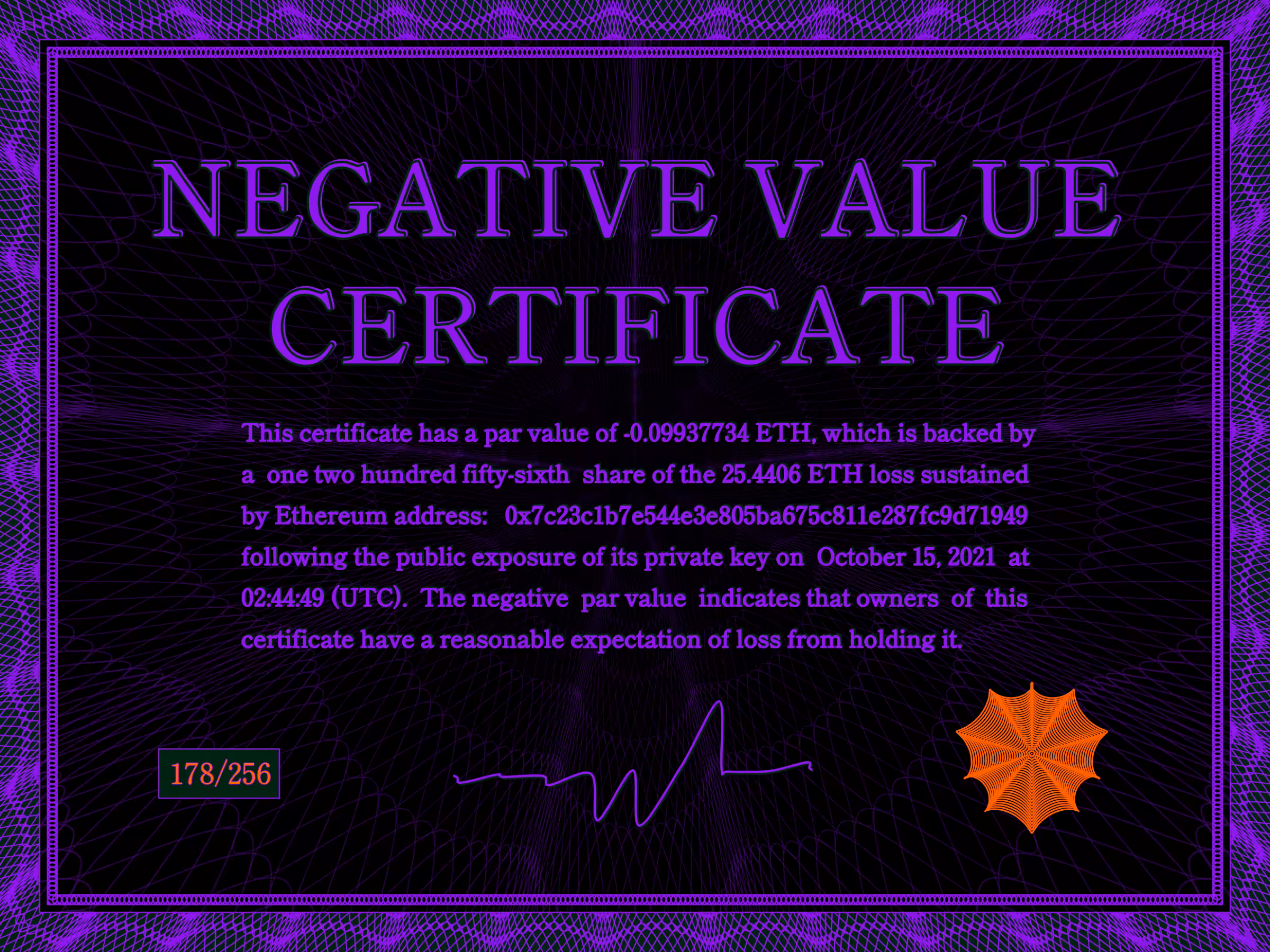 Negative Value Certificate #178 of 256