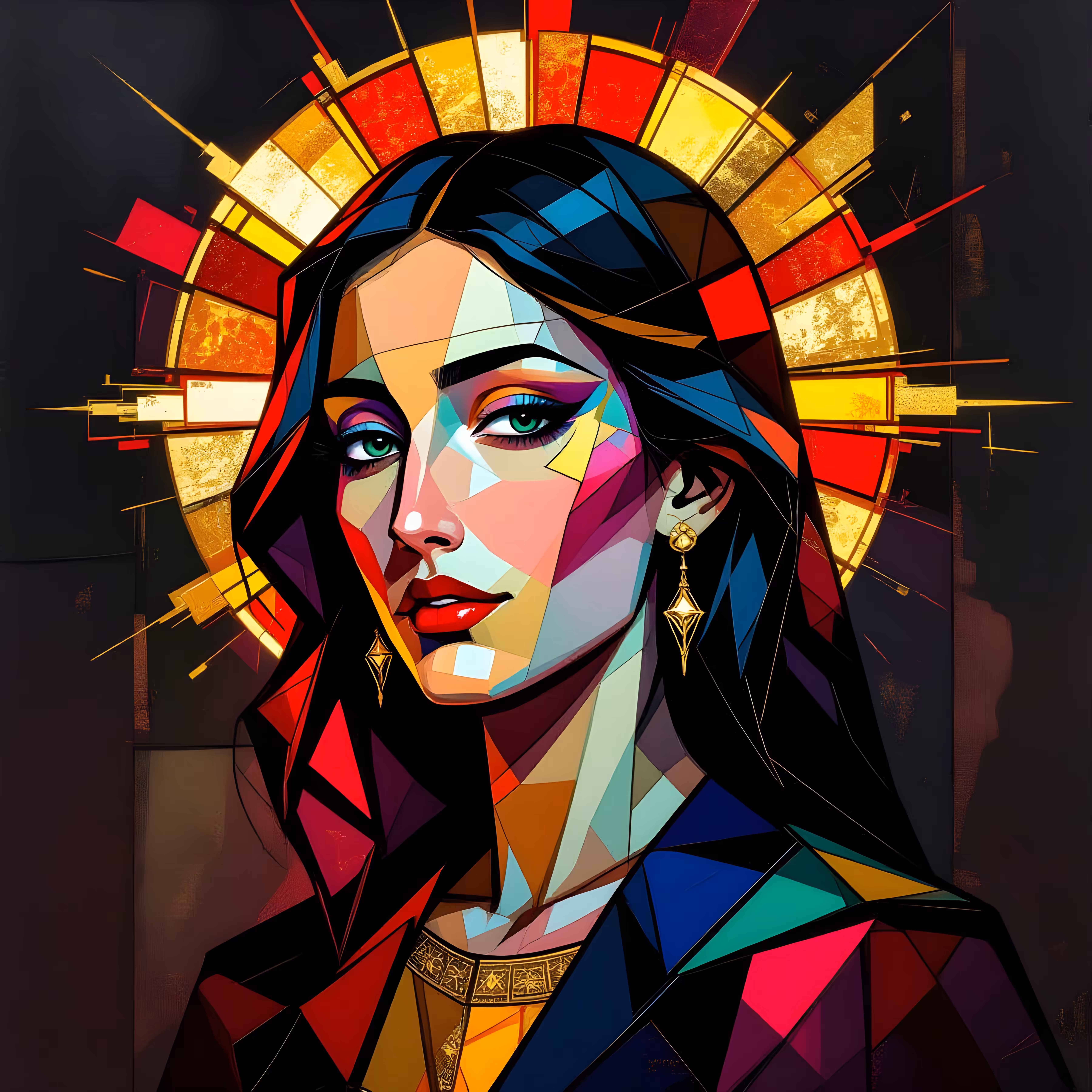 Crimson Halo Muse – Neo-Cubism Icon