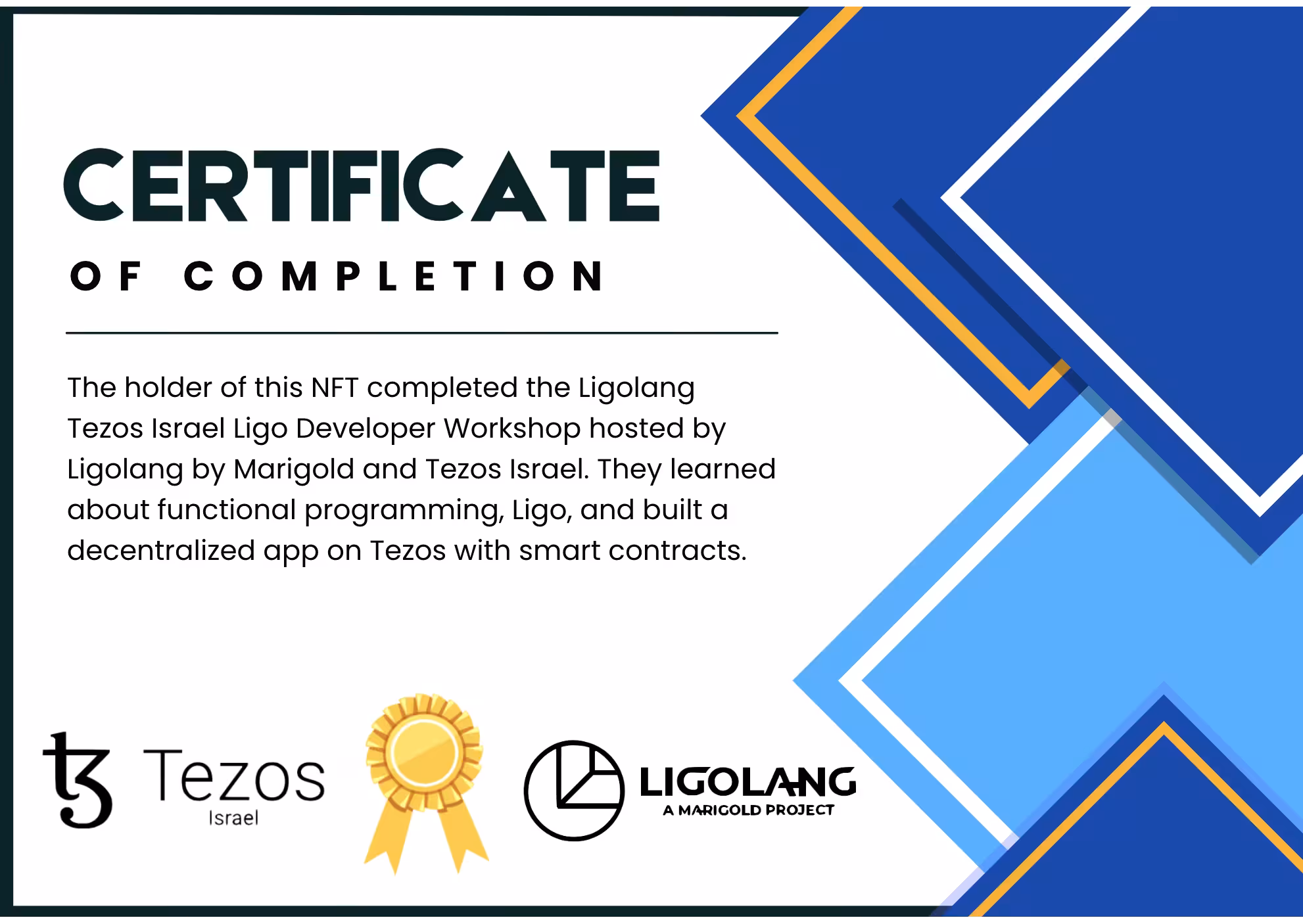 Ligolang Tezos Israel Ligo Developer Workshop Certificate