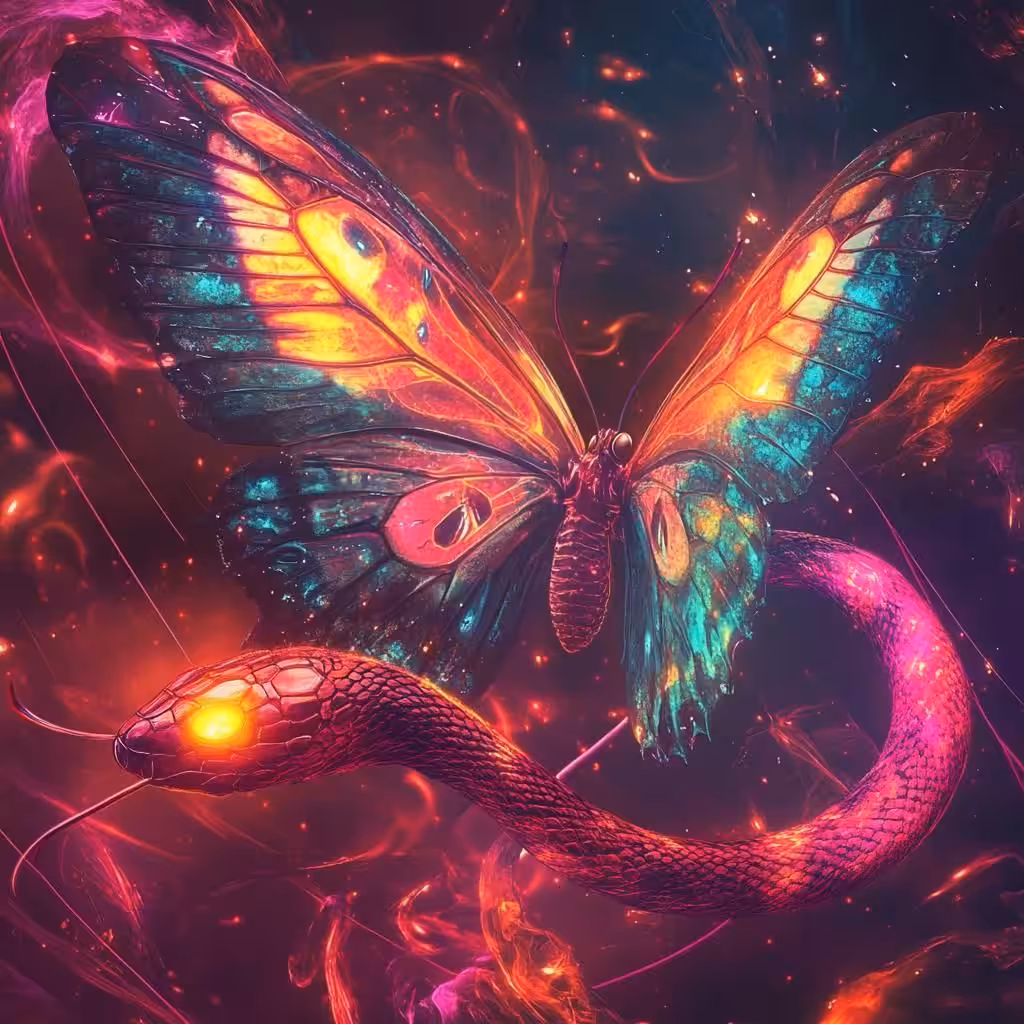 Ethereal Nexus: The Cosmic Butterfly and Serpent