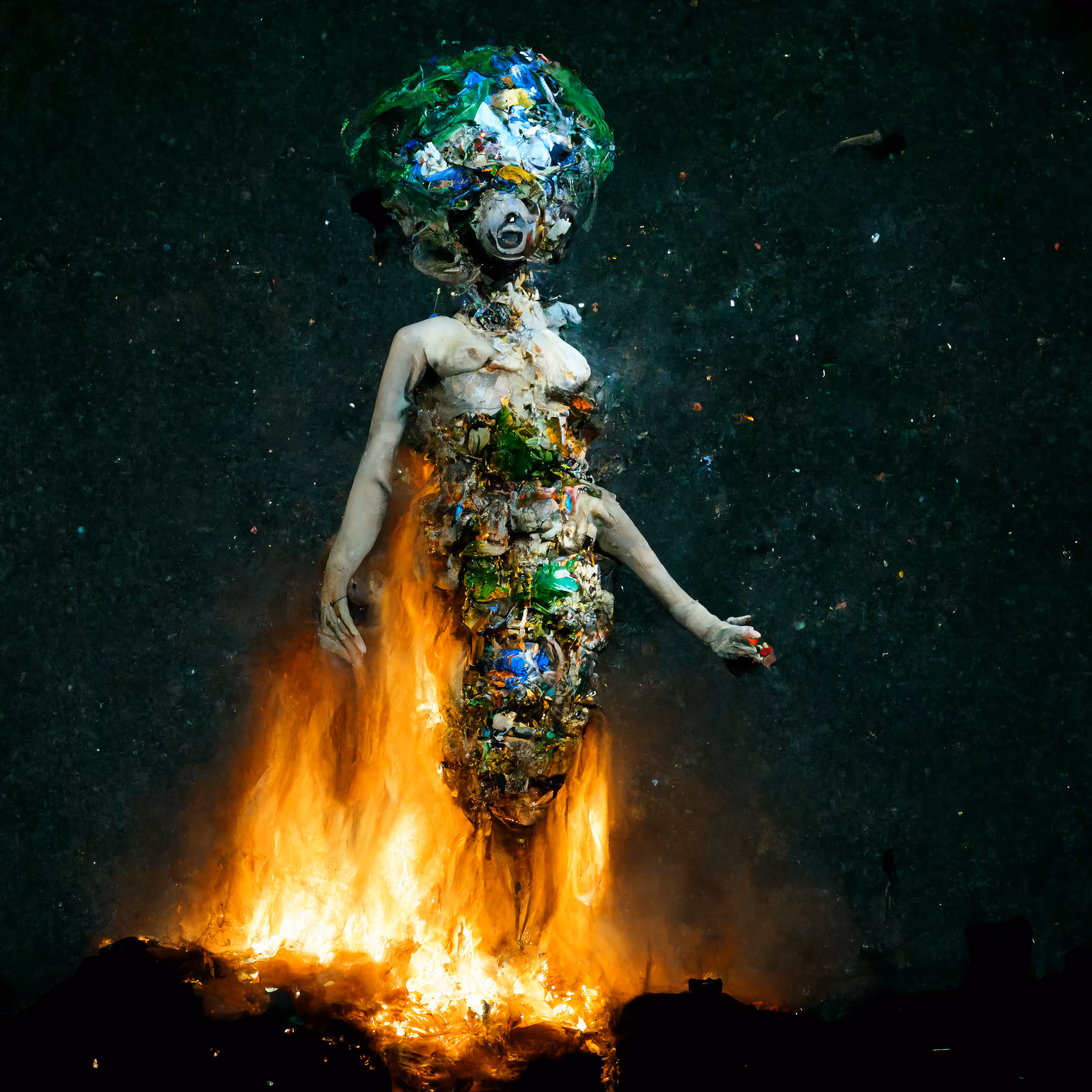 The Goddess Gaia But Made of Burning Trash, Floating in Space