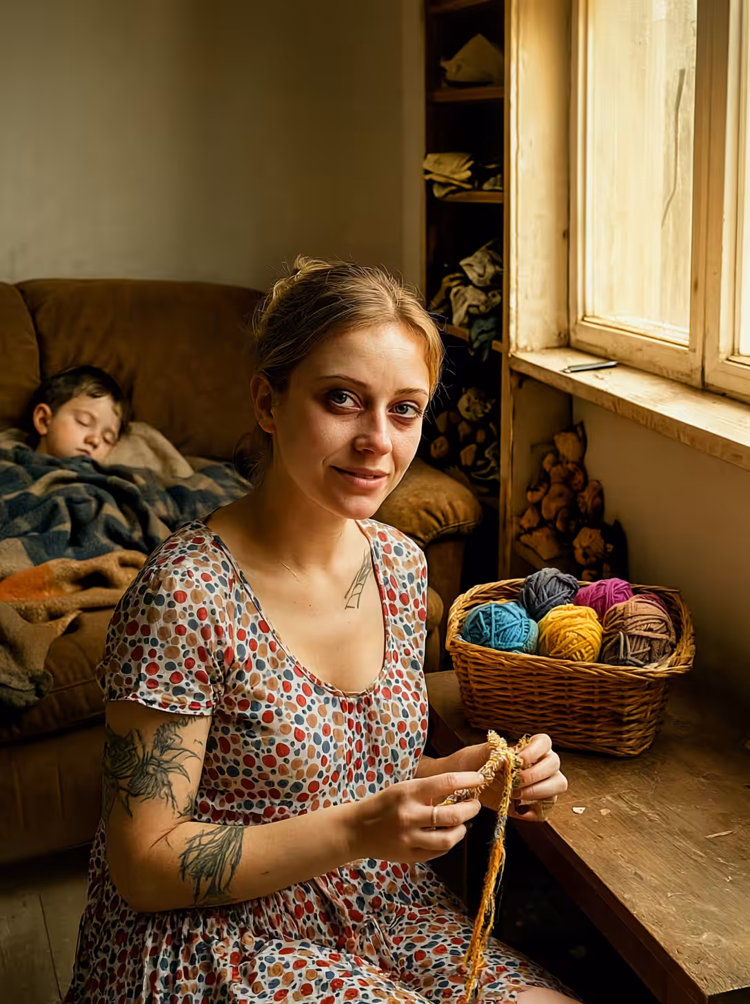Still life with wicker basket and balls of yarn