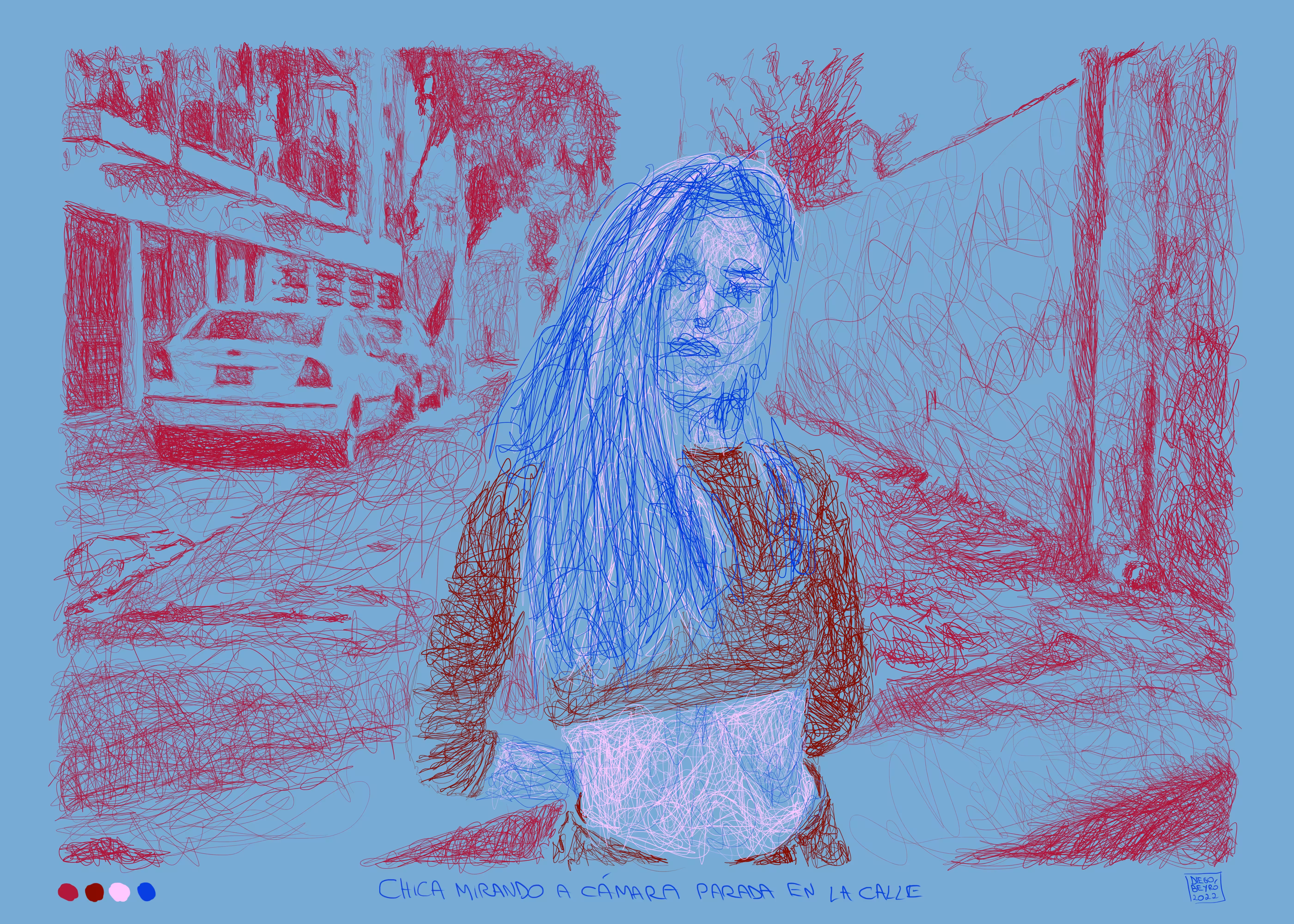 Digital artworks: Girl looking at the camera standing on the street. 