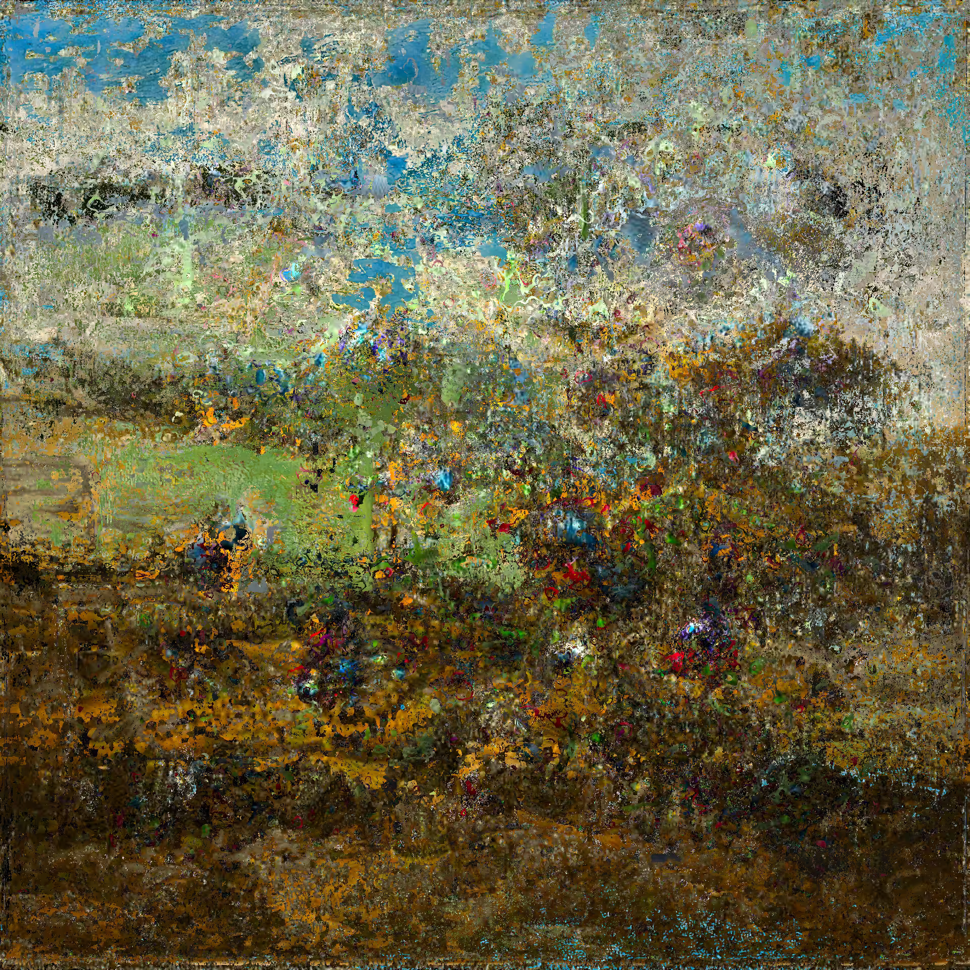 A close up view in leaves side looking out of a grass with two orange and white birds are standing with woods  with bushes with trees outside with bad woods and trees