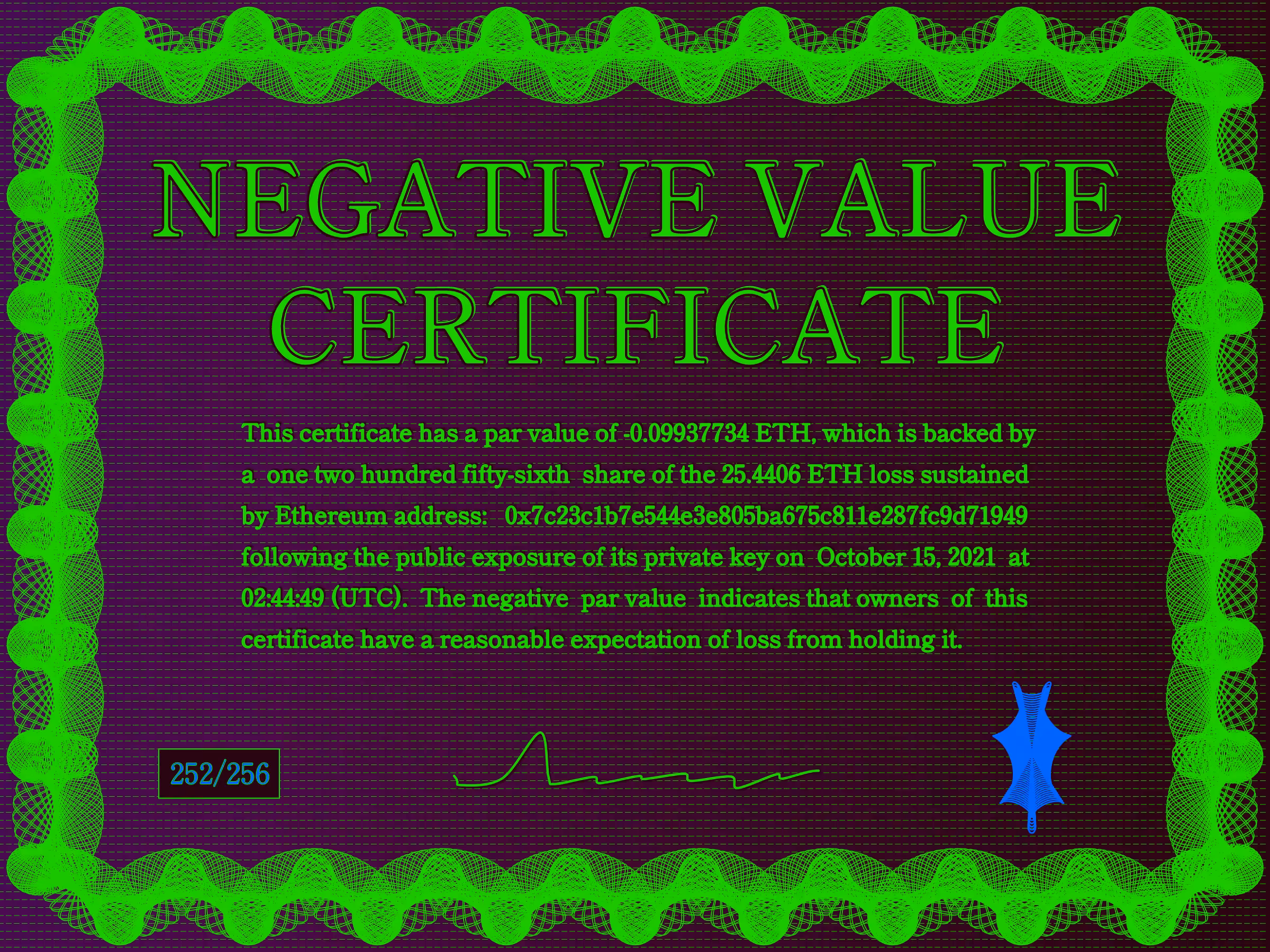 Negative Value Certificate #252 of 256