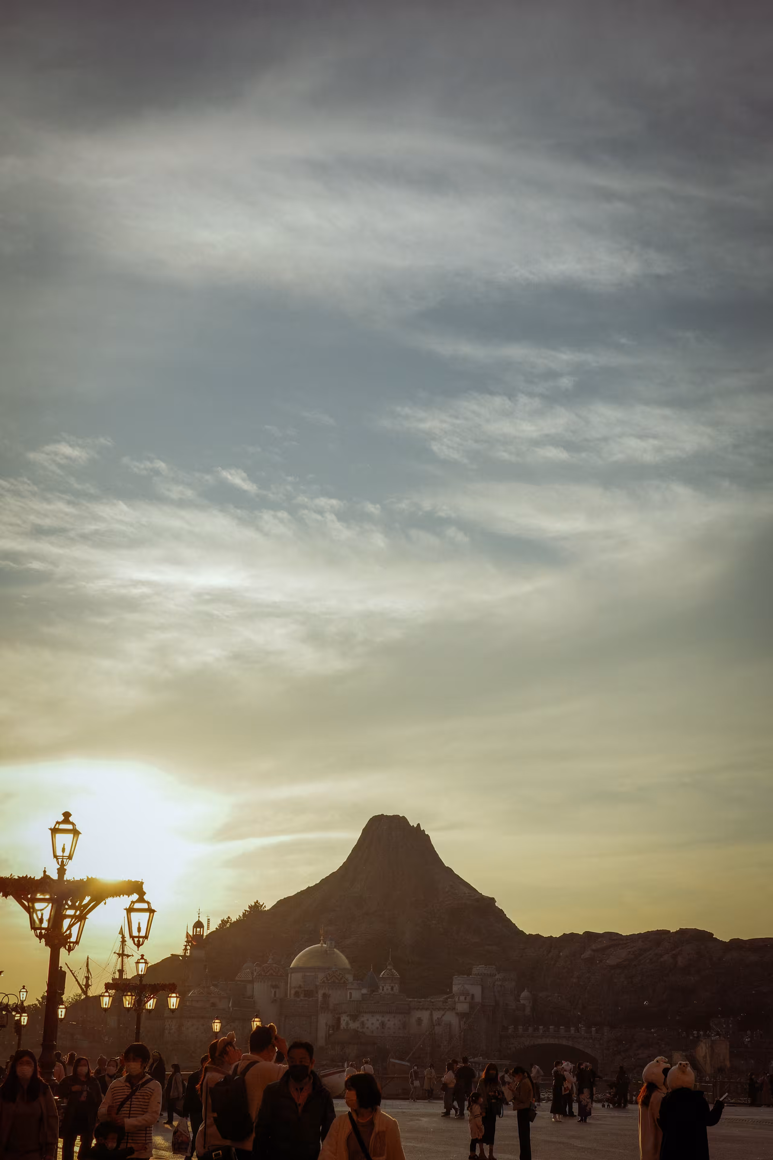 Sunset and Volcano, at a theme park.