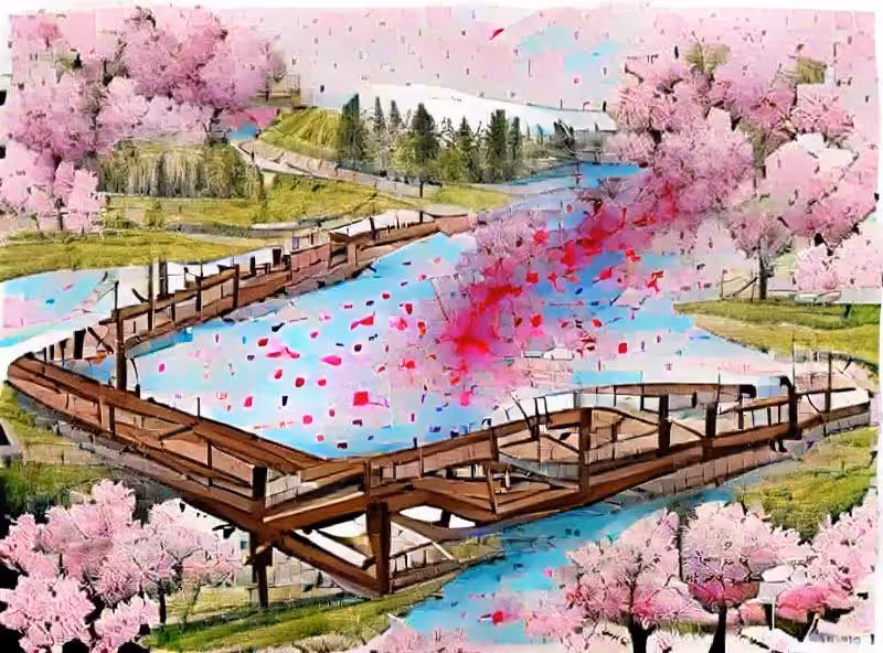Abraham's First Works: cherry blossoms falling from cherry trees over a wooden bridge and vibrant meadow next to a lake
