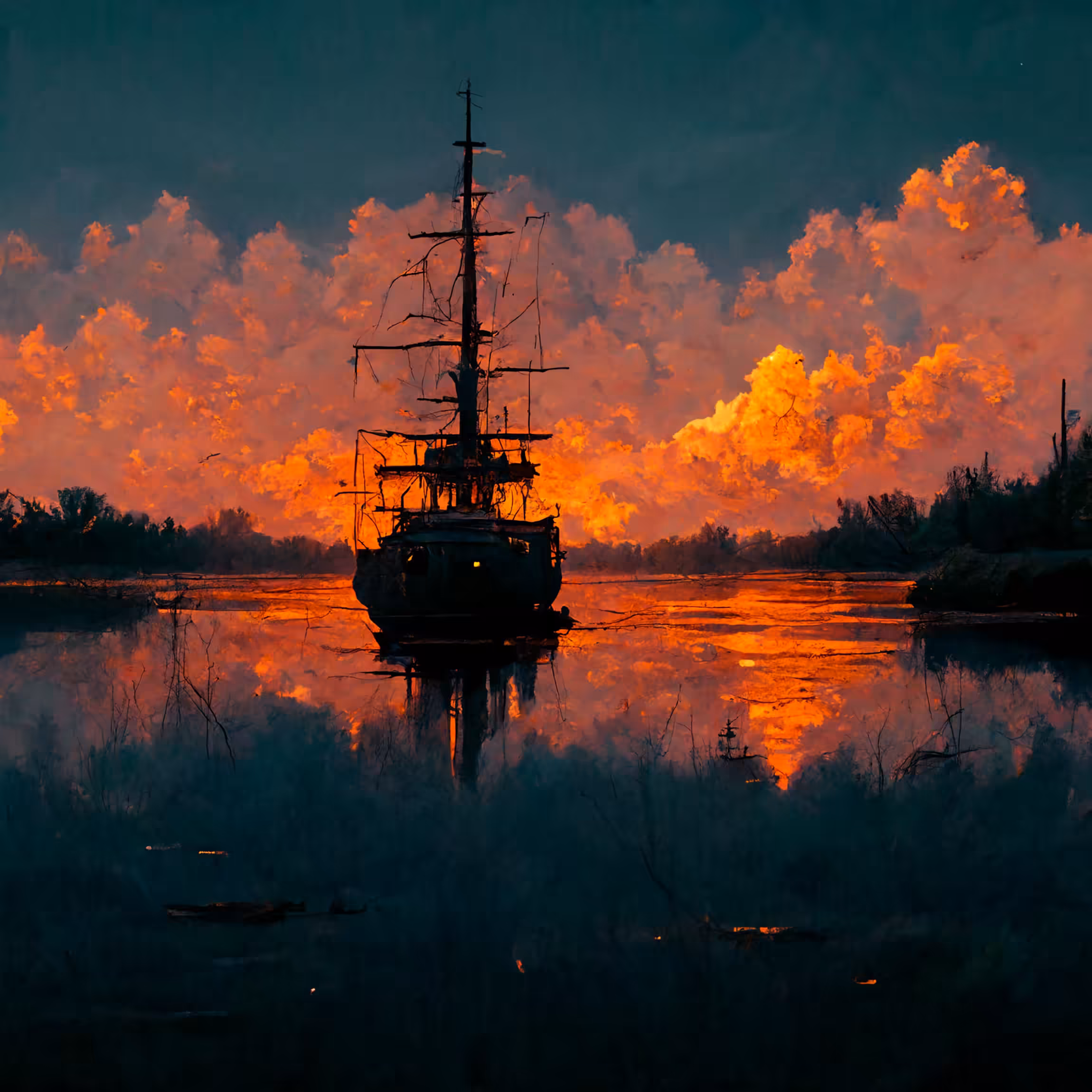Sunset and broken ship