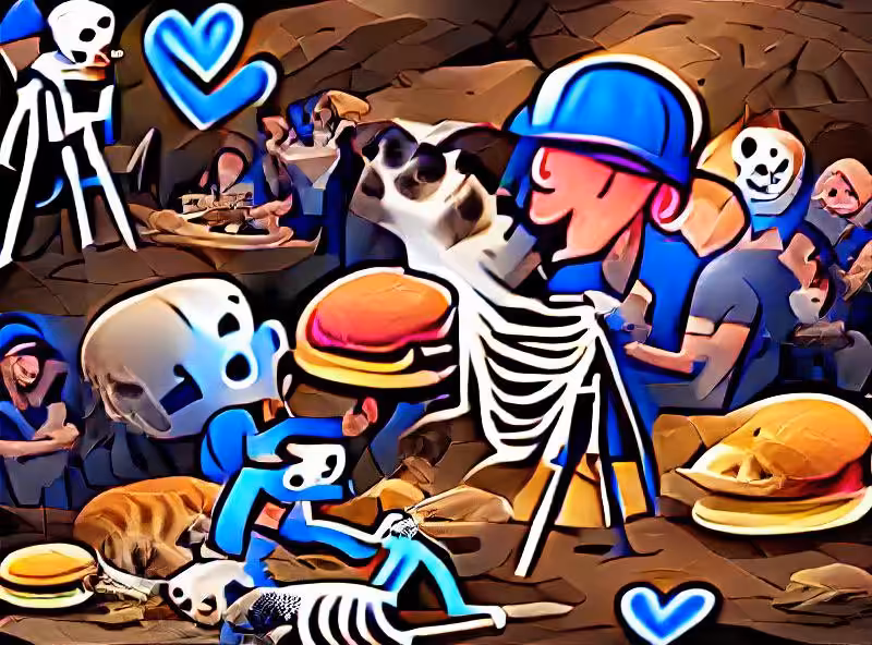 Abraham's First Works: A blue skeleton wearing a cap digging a hole and giving gooby an endearing hug while a cute cat eats a burger and 12 men in the room raise skeletons from the dead.