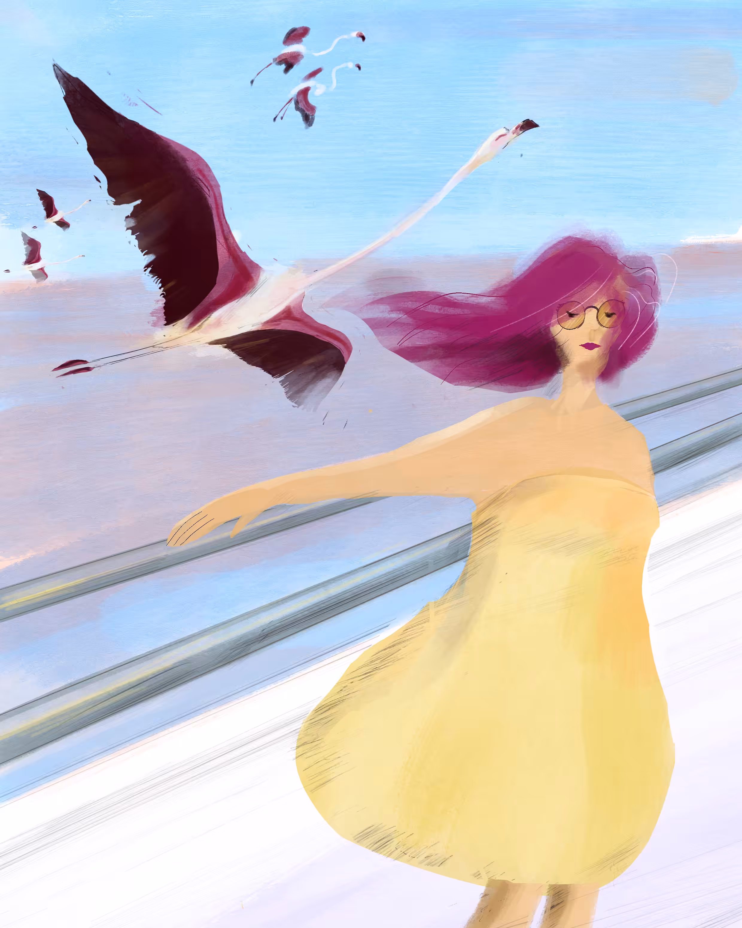 the Girl in yellow and flamingo 