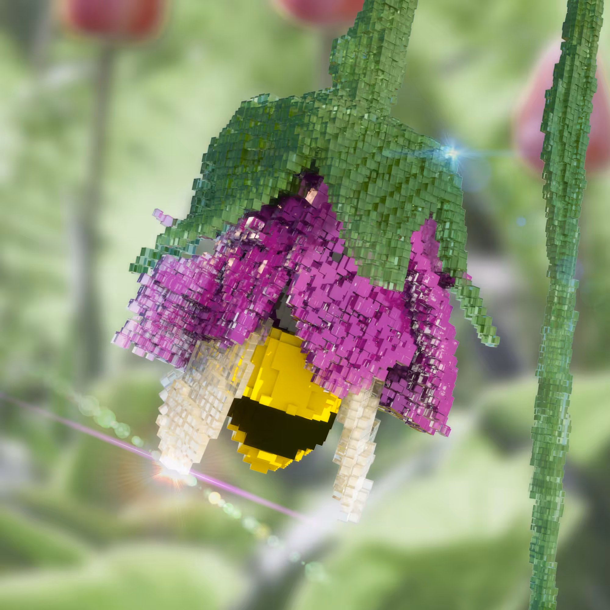 Voxel worker bee in a voxel tulip.