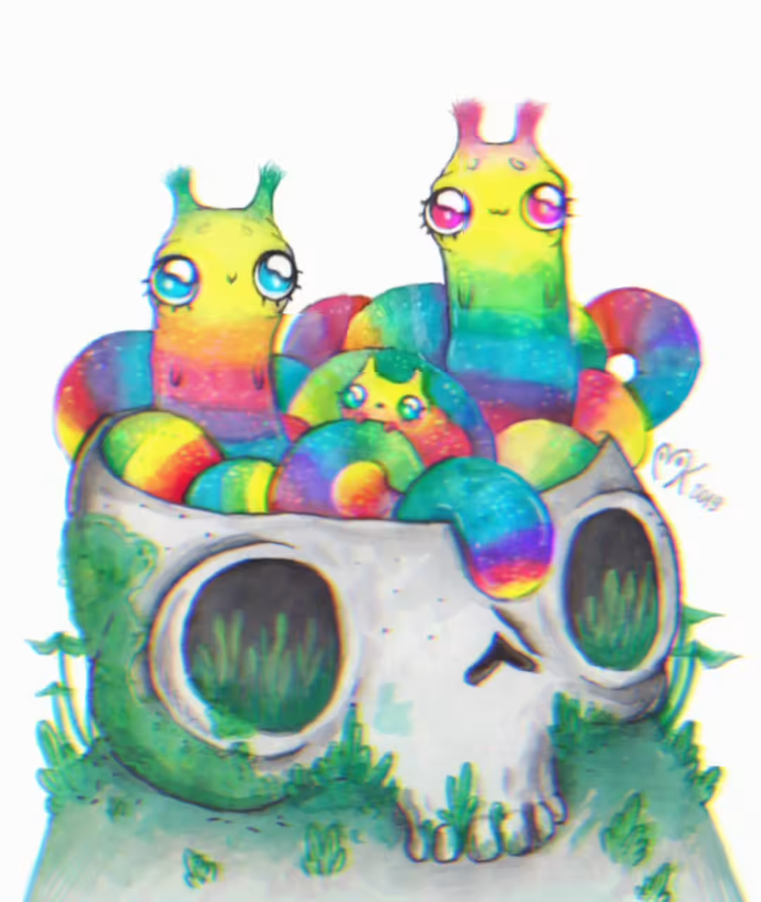 Rainbow caterpillars in the skull