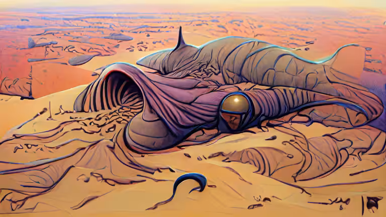 Arrakis the dune planet with a big sand worm trending on artstation  | Moebius (pixray_genesis)