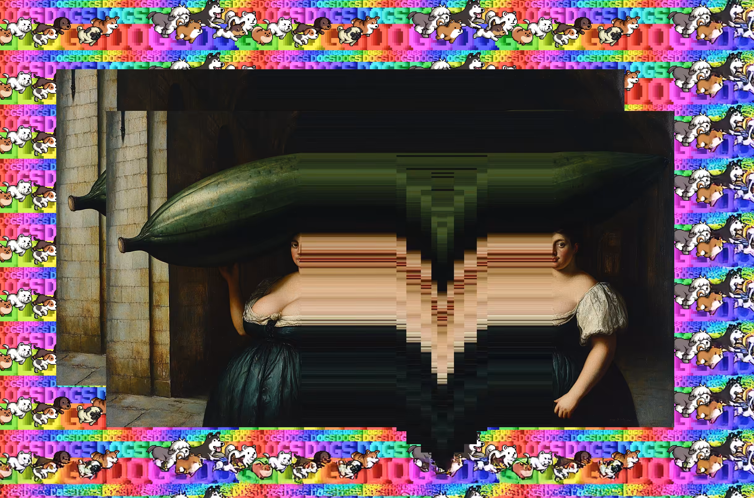 Large Lady with Cucumber Hat atop Screenshot of OMFGdogs.com Dissssssssssssolving back down into SpaceTime Right Quick Like