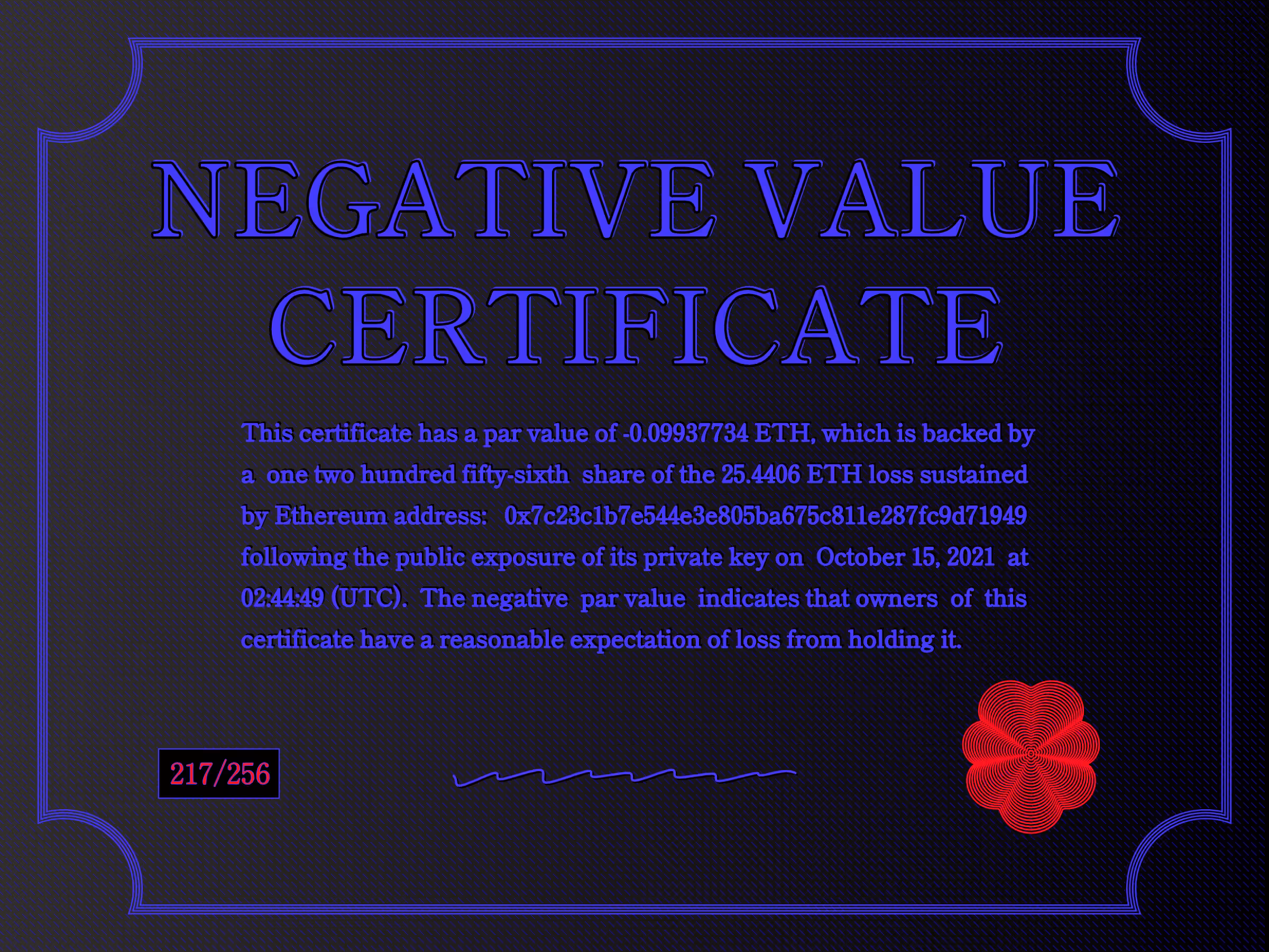 Negative Value Certificate #217 of 256