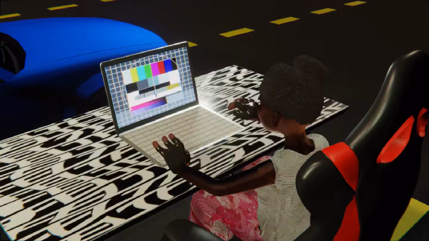 Desktop by Felt Zine: Desktop #48: The Military Brat in the Gaming Chair With a Hanging Light and a Please Stand By Monitor on a Pattern Table in The Streets