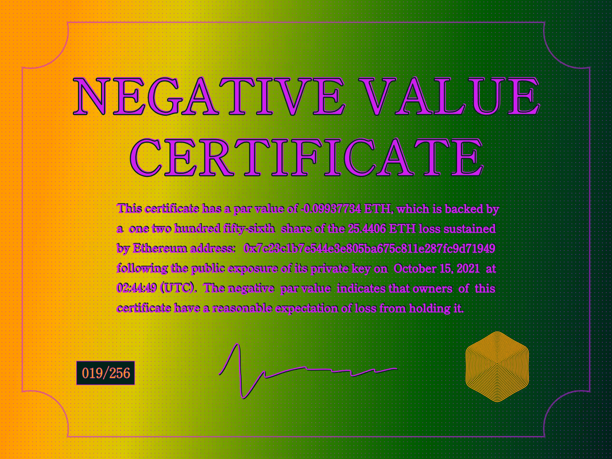 Negative Value Certificate #19 of 256