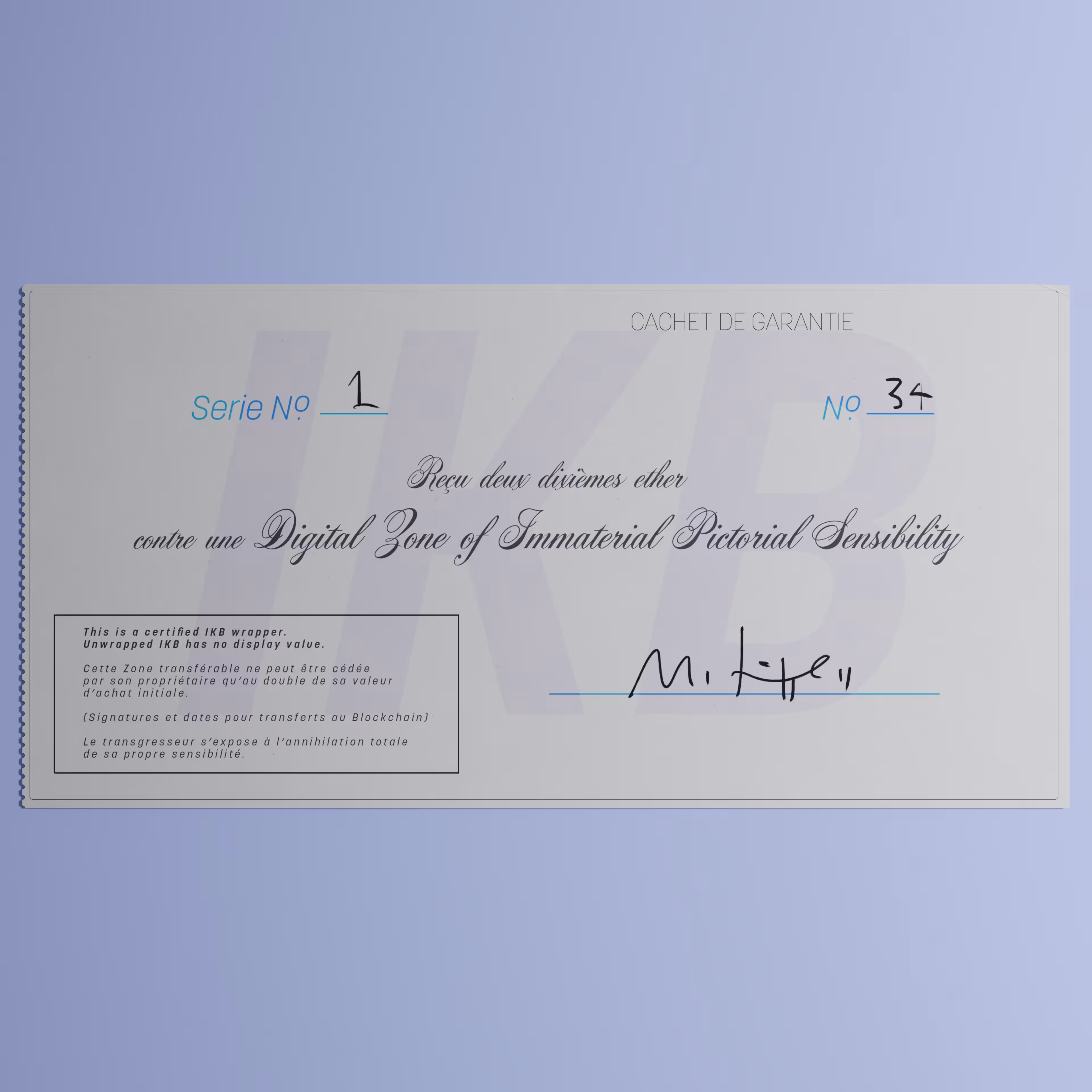 Digital Zone of Immaterial Pictorial Sensibility, Series 1, Edition 34. (Wrapped)