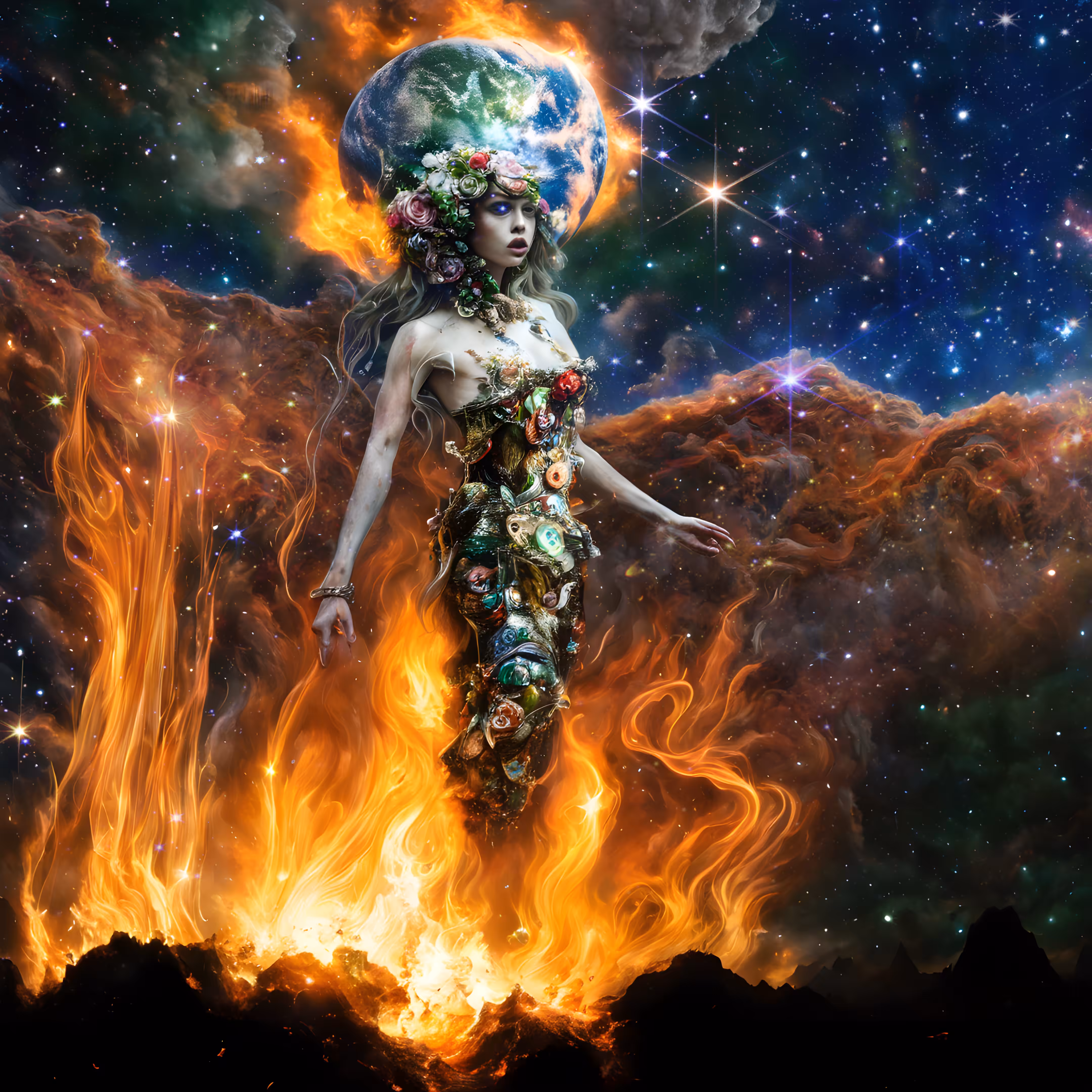 The Goddess Gaia But Made of Burning Trash, Floating in Space III