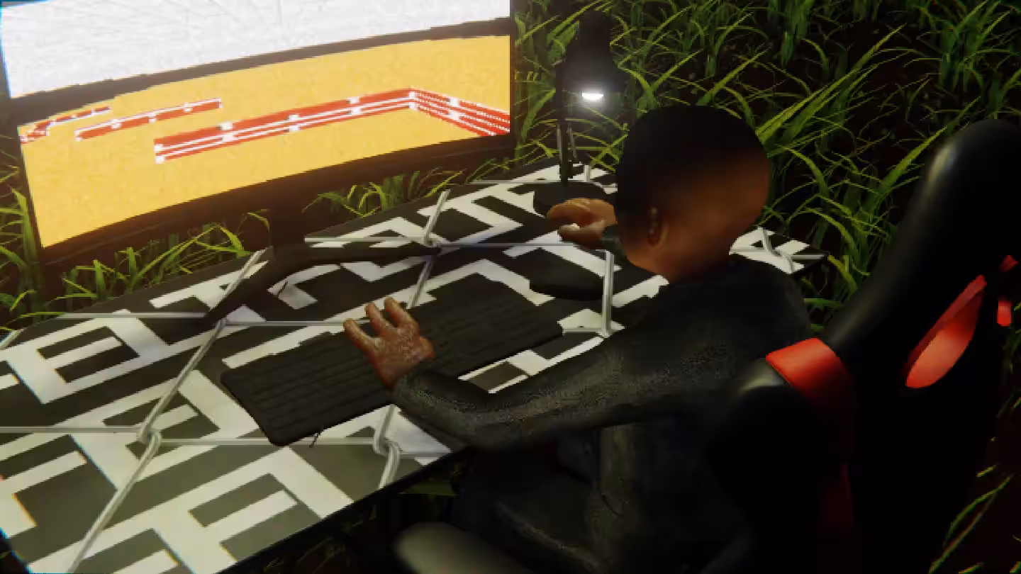Desktop #265: The Business in the Gaming Chair With a Desk Lamp and a Maze Monitor on a Barbed Wire Table in The Forest