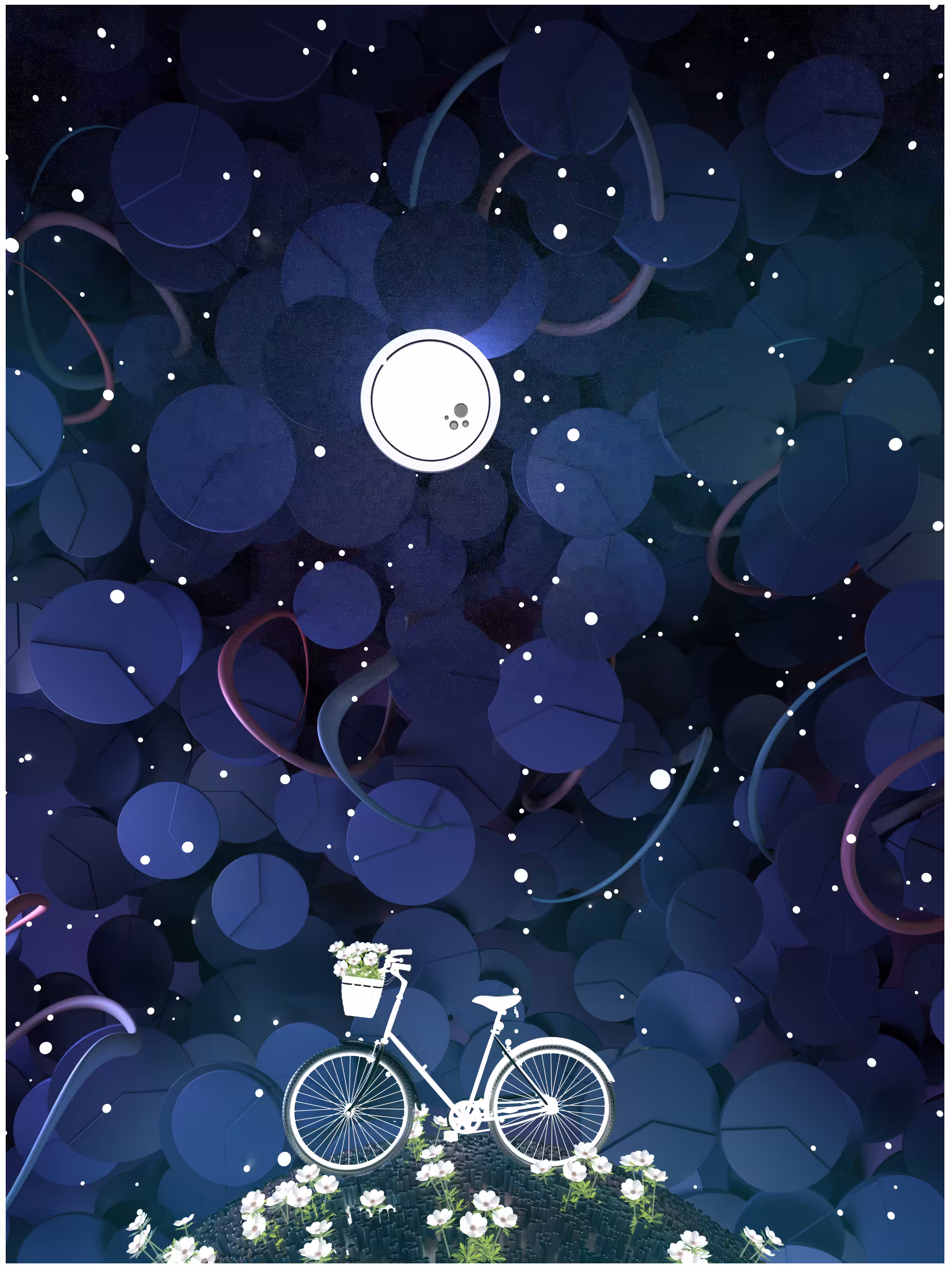 One glowing Bike over a tiny Hill under the Moon & other things