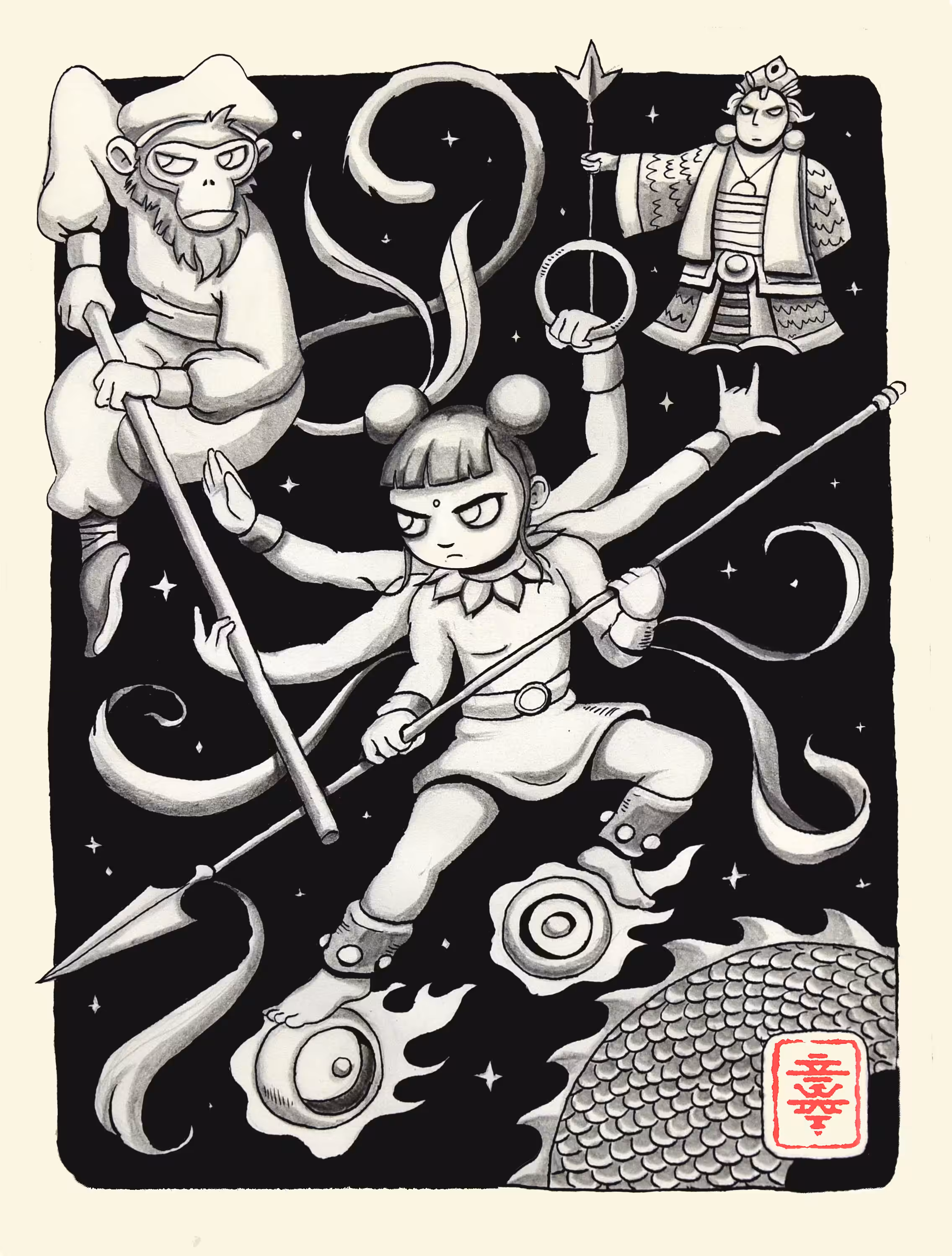 Nezha fights Sun Wukong