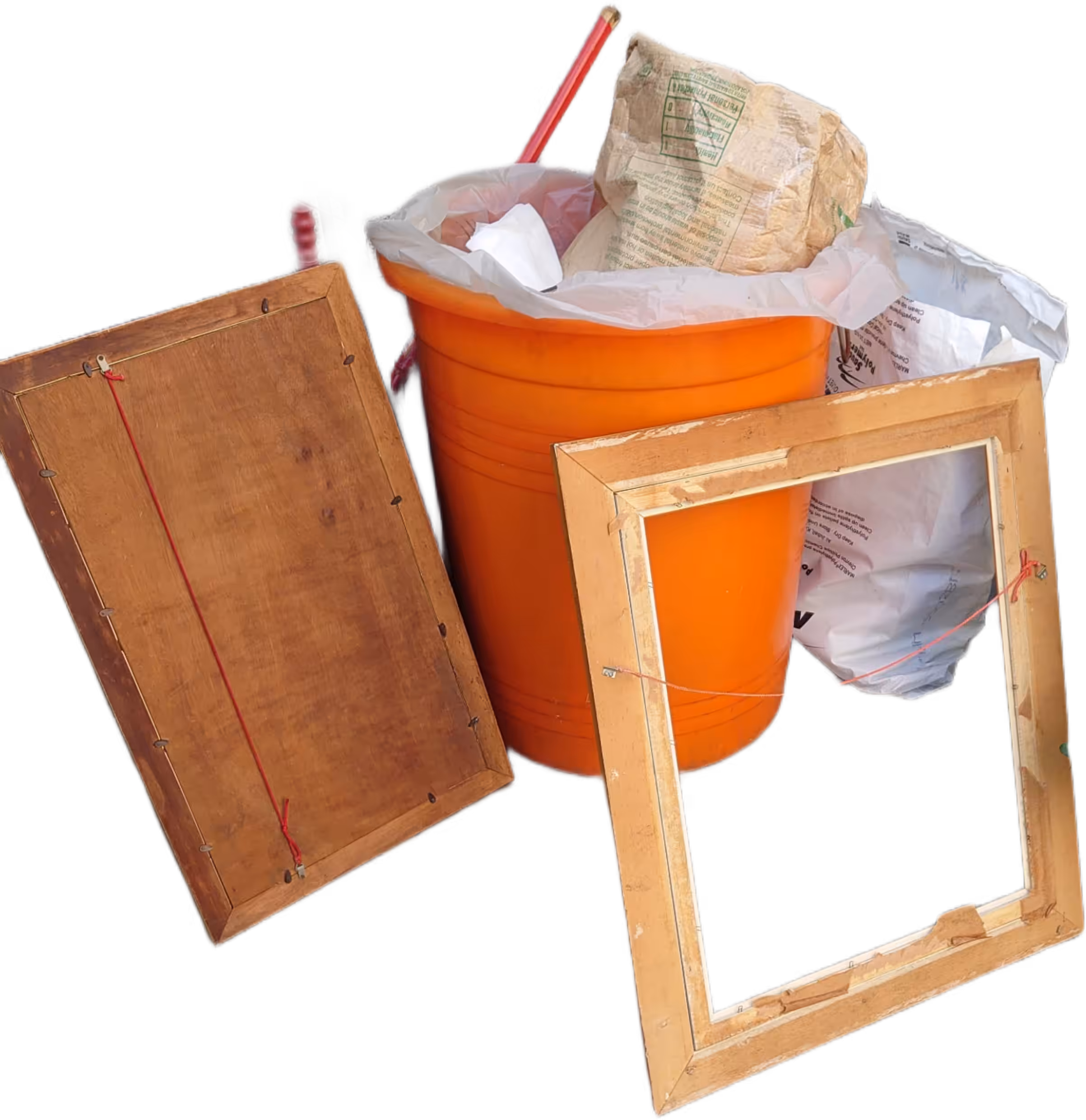 transparent picture frame, Taiwanese trashcan, orange plastic, raw materials, frame-making debris, in the style of art masterpiece made of trash