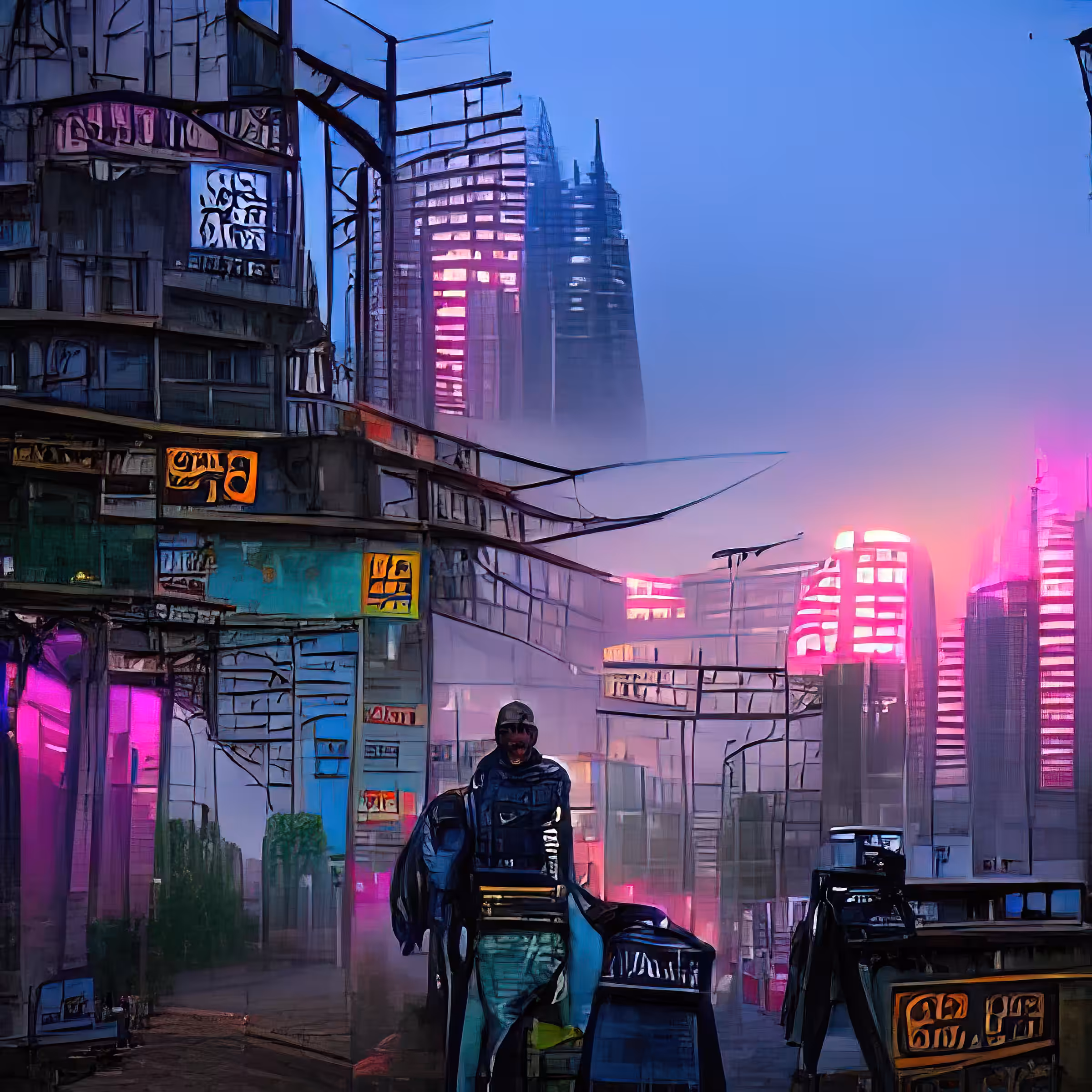 streets of cyberpunk city at dawn v8KldaJsGmQRruBU46hT