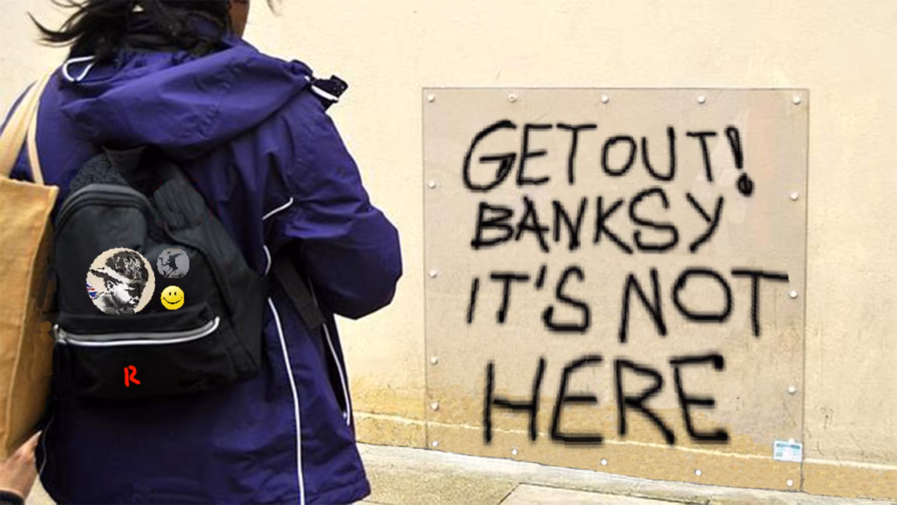 DR0P5 0F L1GH7 4L0NG 7H3 D1G174L P47H: Get out! Banksy it's  not here