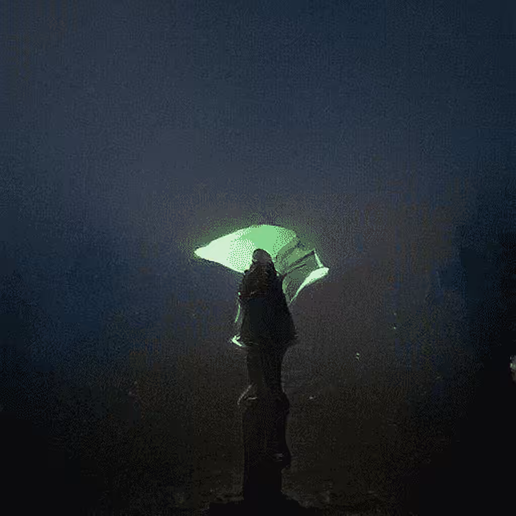 girl with a jellyfish umbrella in a rainy city (dithered)