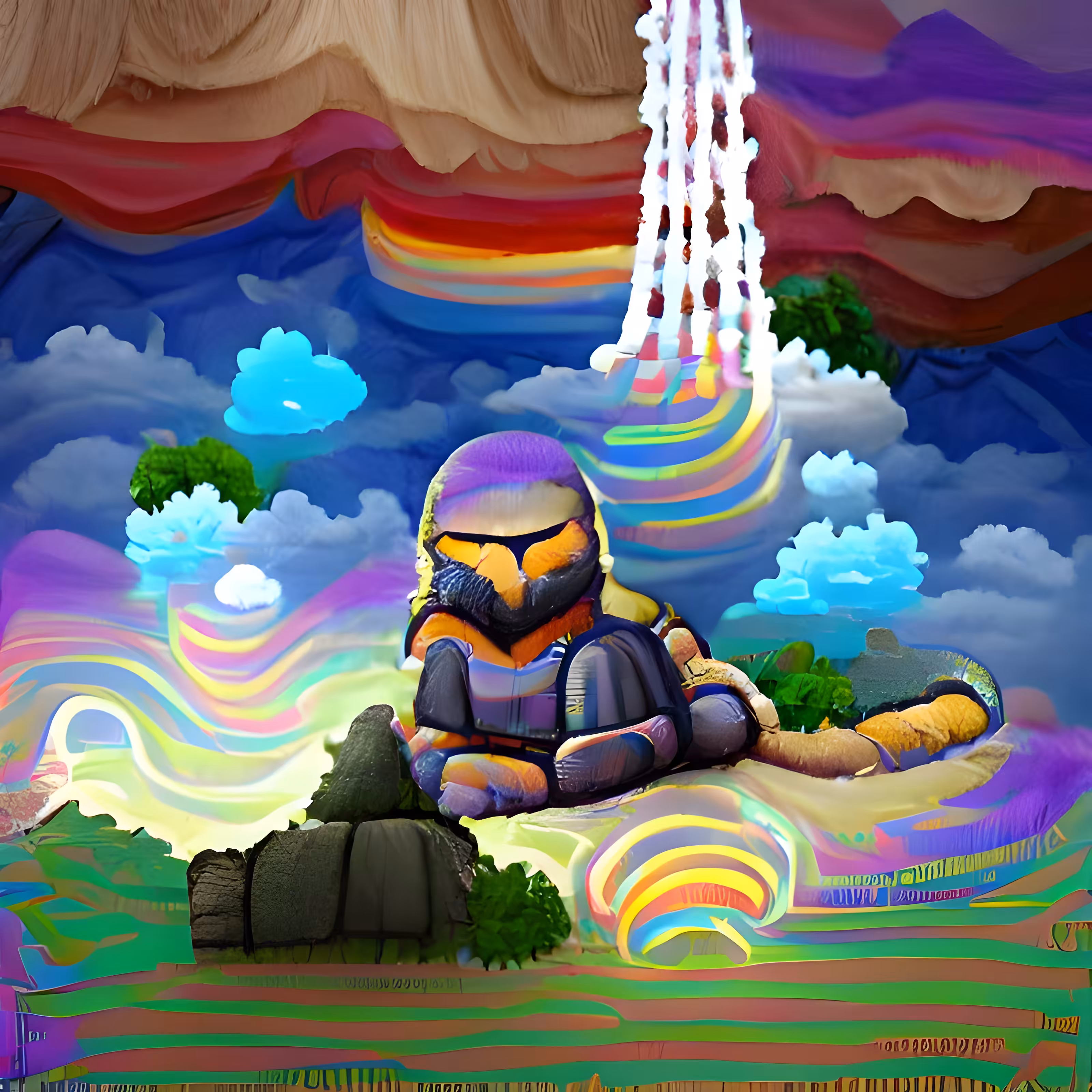 Stone Cat Meditating About Rainbows and Clouds